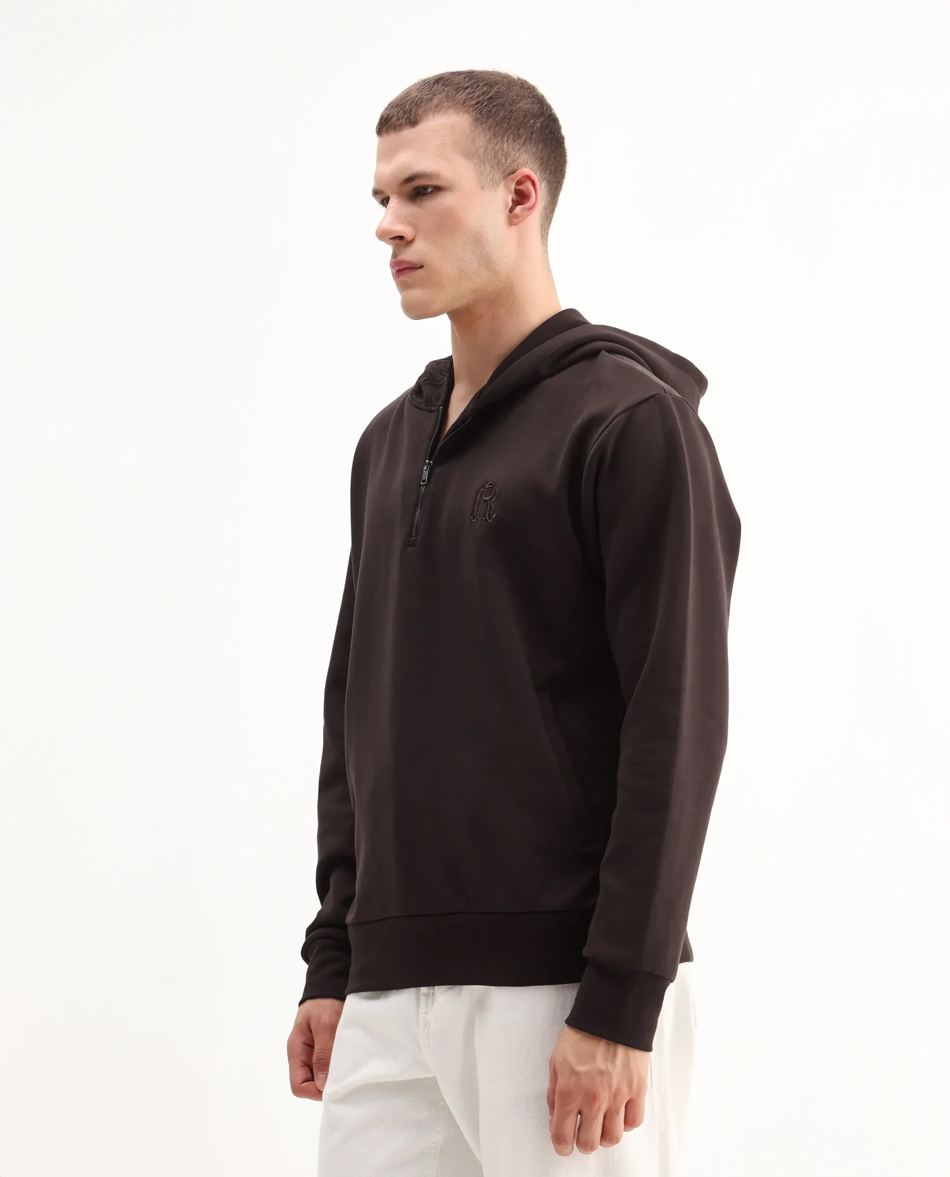 Rare Rabbit Men's Caig Dark Brown Cotton Blend Printed Regular Fit Full Sleeve Hooded Sweatshirt - Image 4
