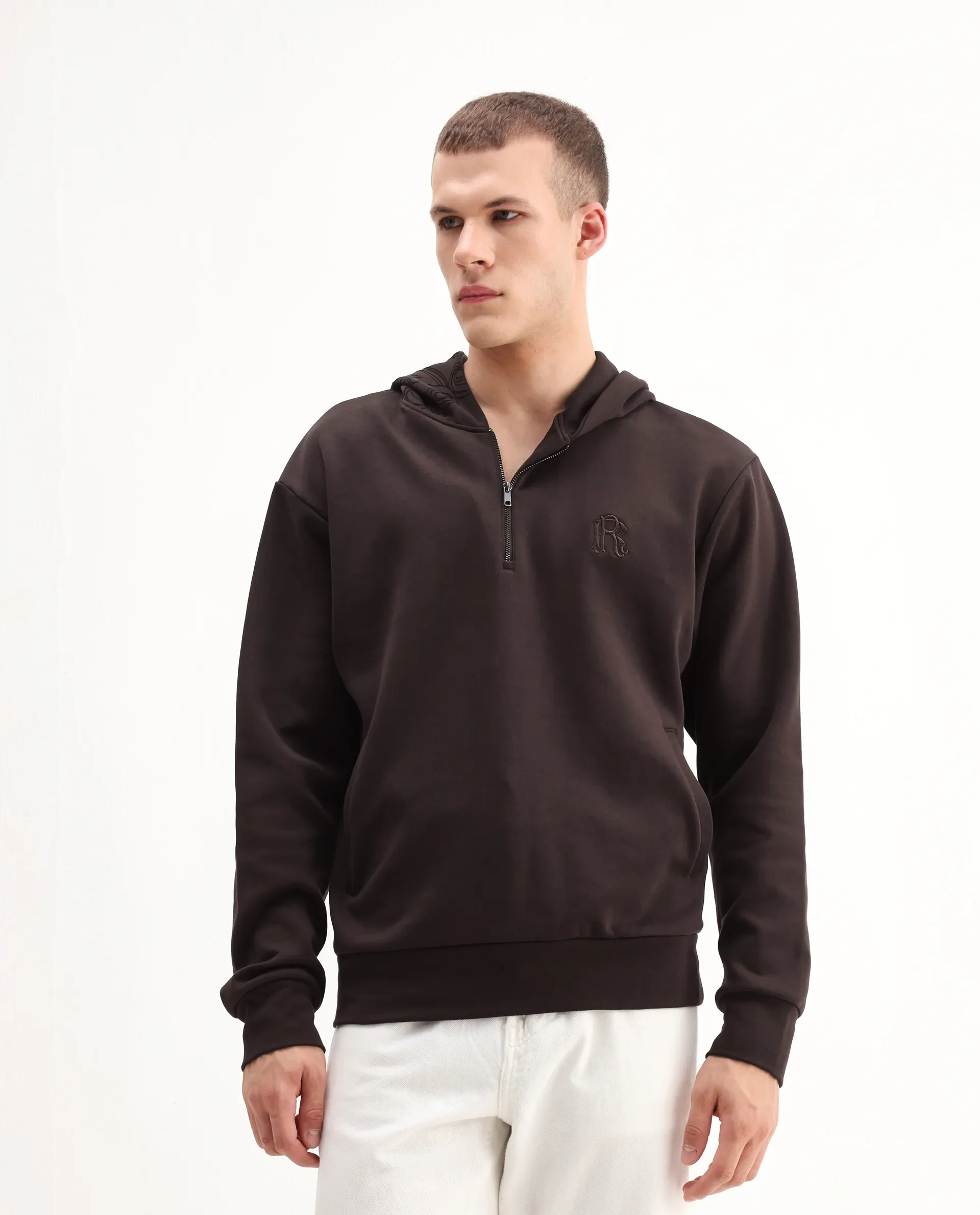 Rare Rabbit Men's Caig Dark Brown Cotton Blend Printed Regular Fit Full Sleeve Hooded Sweatshirt - Image 5