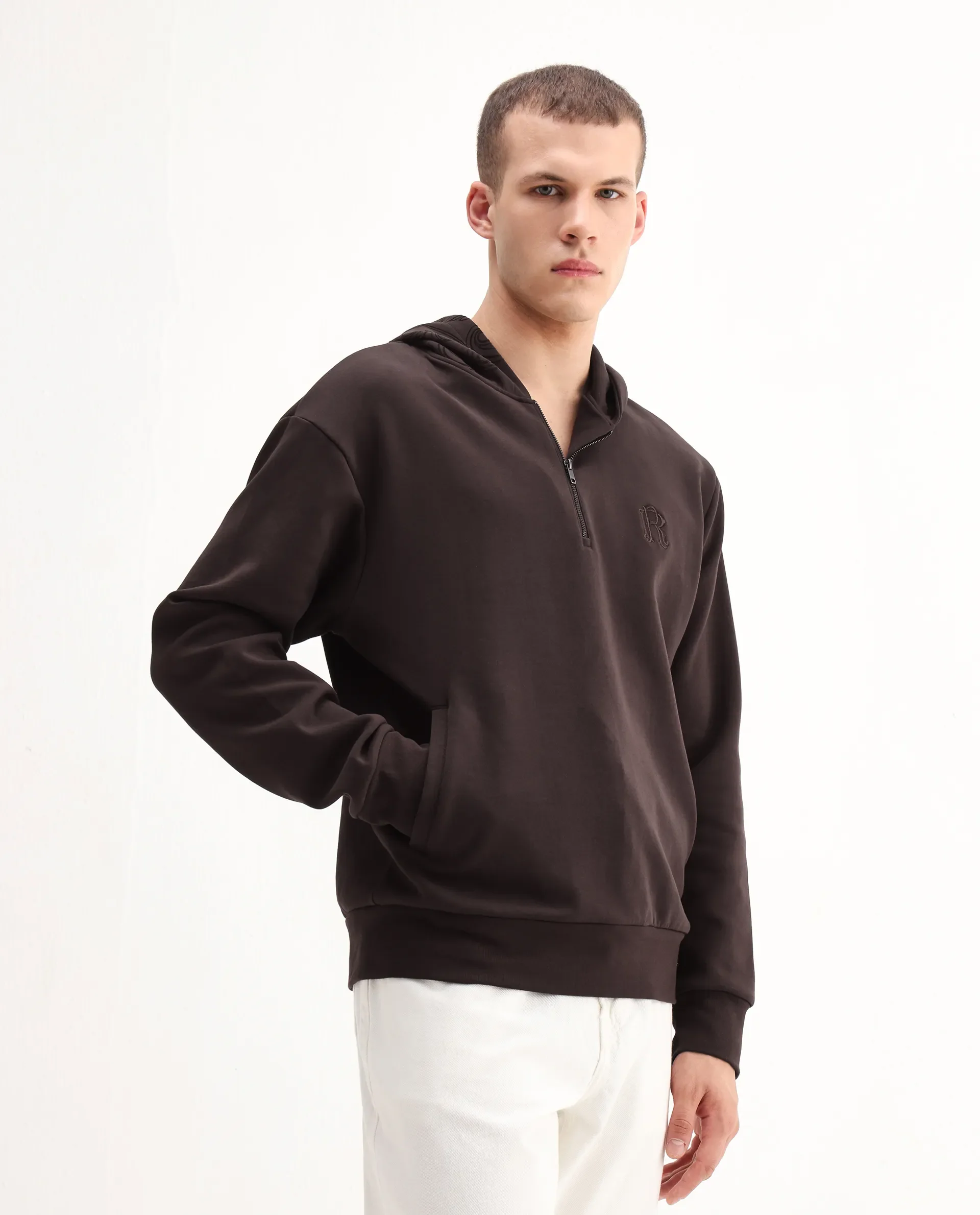 Rare Rabbit Men's Caig Dark Brown Cotton Blend Printed Regular Fit Full Sleeve Hooded Sweatshirt - Image 6