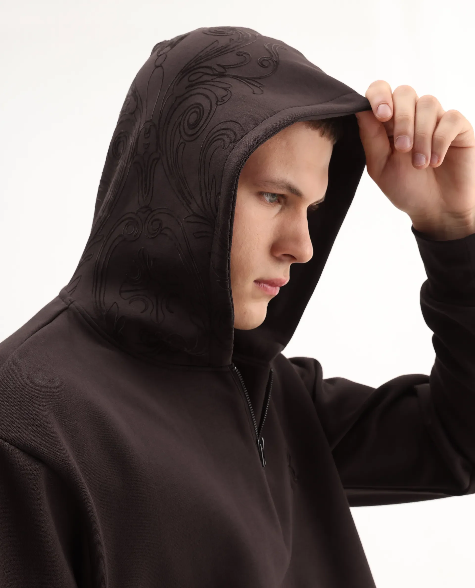 Rare Rabbit Men's Caig Dark Brown Cotton Blend Printed Regular Fit Full Sleeve Hooded Sweatshirt - Image 7