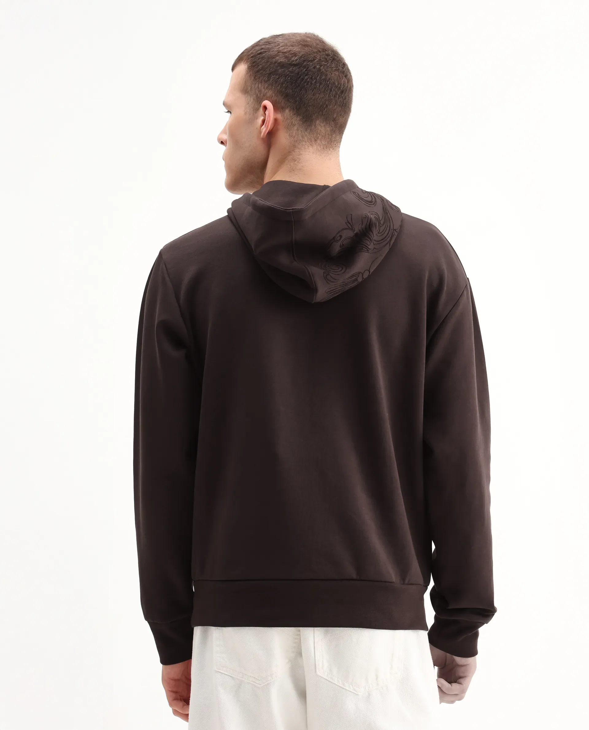 Rare Rabbit Men's Caig Dark Brown Cotton Blend Printed Regular Fit Full Sleeve Hooded Sweatshirt - Image 8