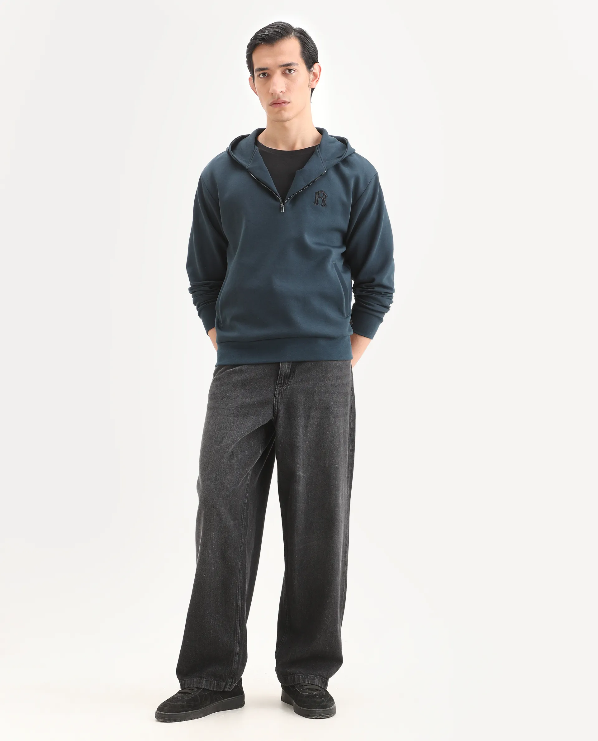 Rare Rabbit Men's Caig Dark Teal Cotton Blend Graphic Print Regular Fit Full Sleeve Hooded Sweatshirt - Image 2