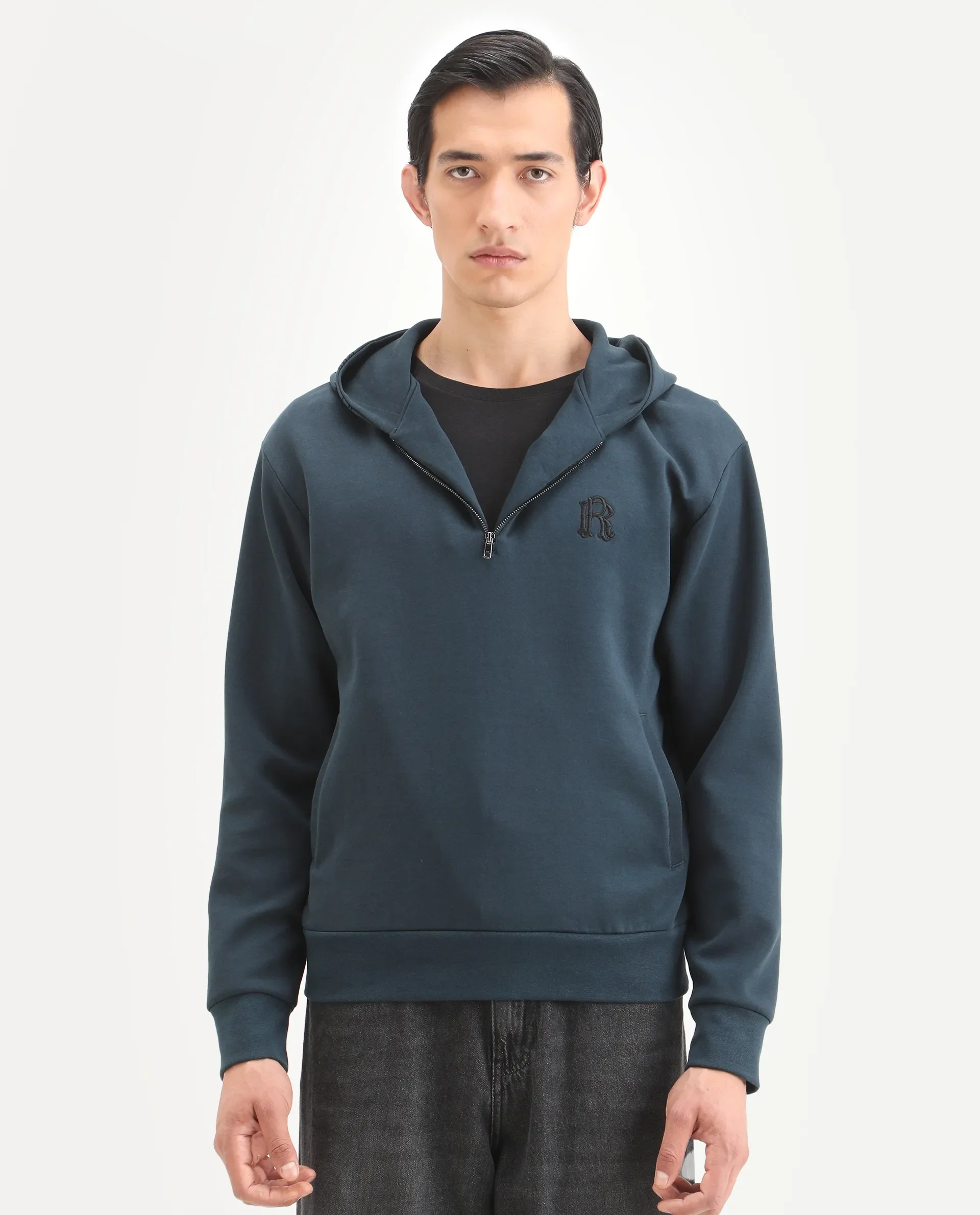 Rare Rabbit Men's Caig Dark Teal Cotton Blend Graphic Print Regular Fit Full Sleeve Hooded Sweatshirt - Image 3