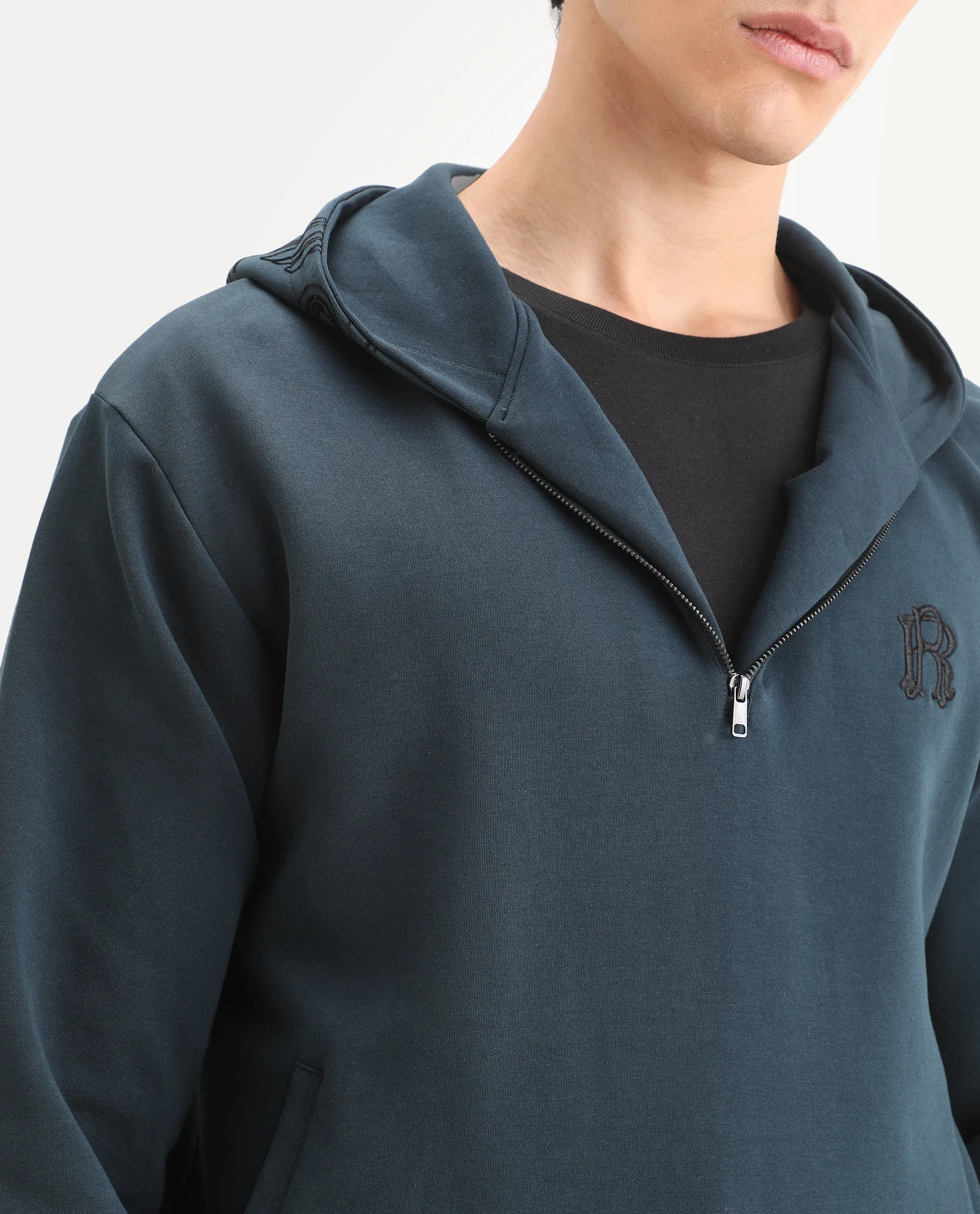 Rare Rabbit Men's Caig Dark Teal Cotton Blend Graphic Print Regular Fit Full Sleeve Hooded Sweatshirt - Image 4