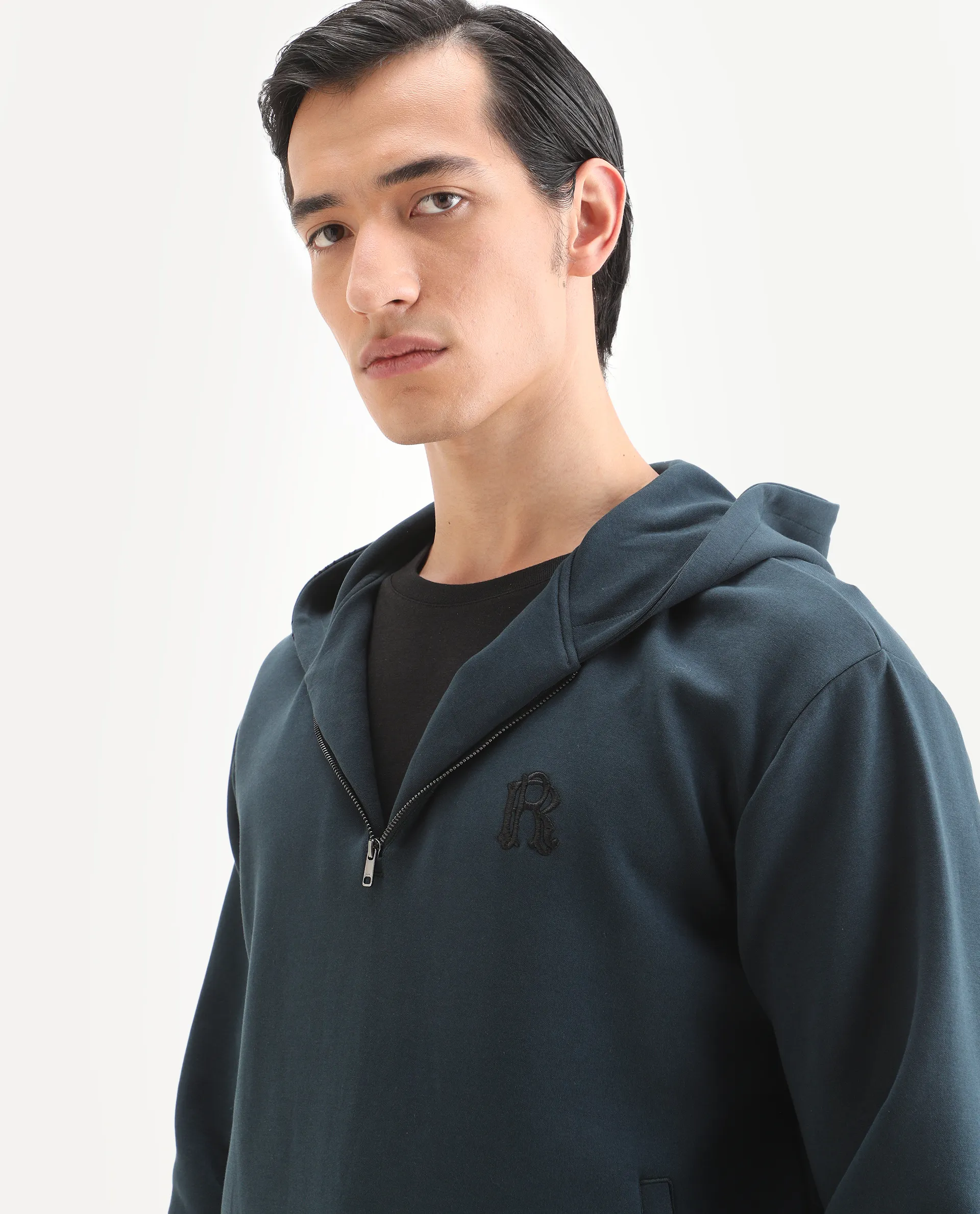 Rare Rabbit Men's Caig Dark Teal Cotton Blend Graphic Print Regular Fit Full Sleeve Hooded Sweatshirt - Image 5