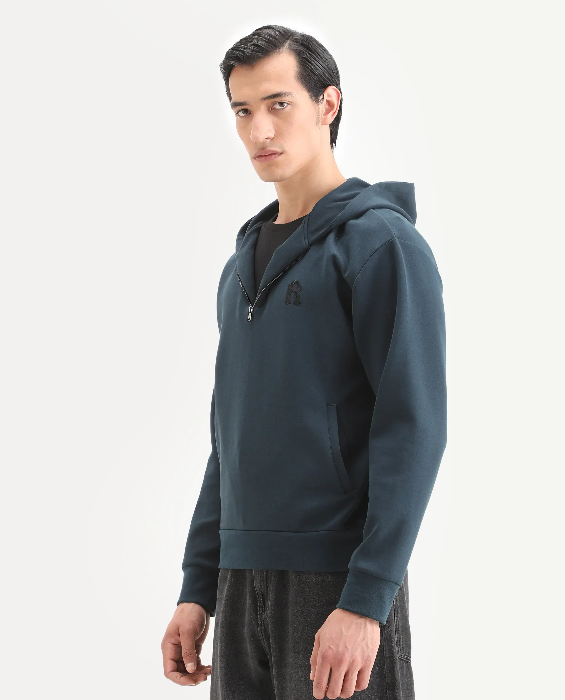 Rare Rabbit Men's Caig Dark Teal Cotton Blend Graphic Print Regular Fit Full Sleeve Hooded Sweatshirt - Image 6