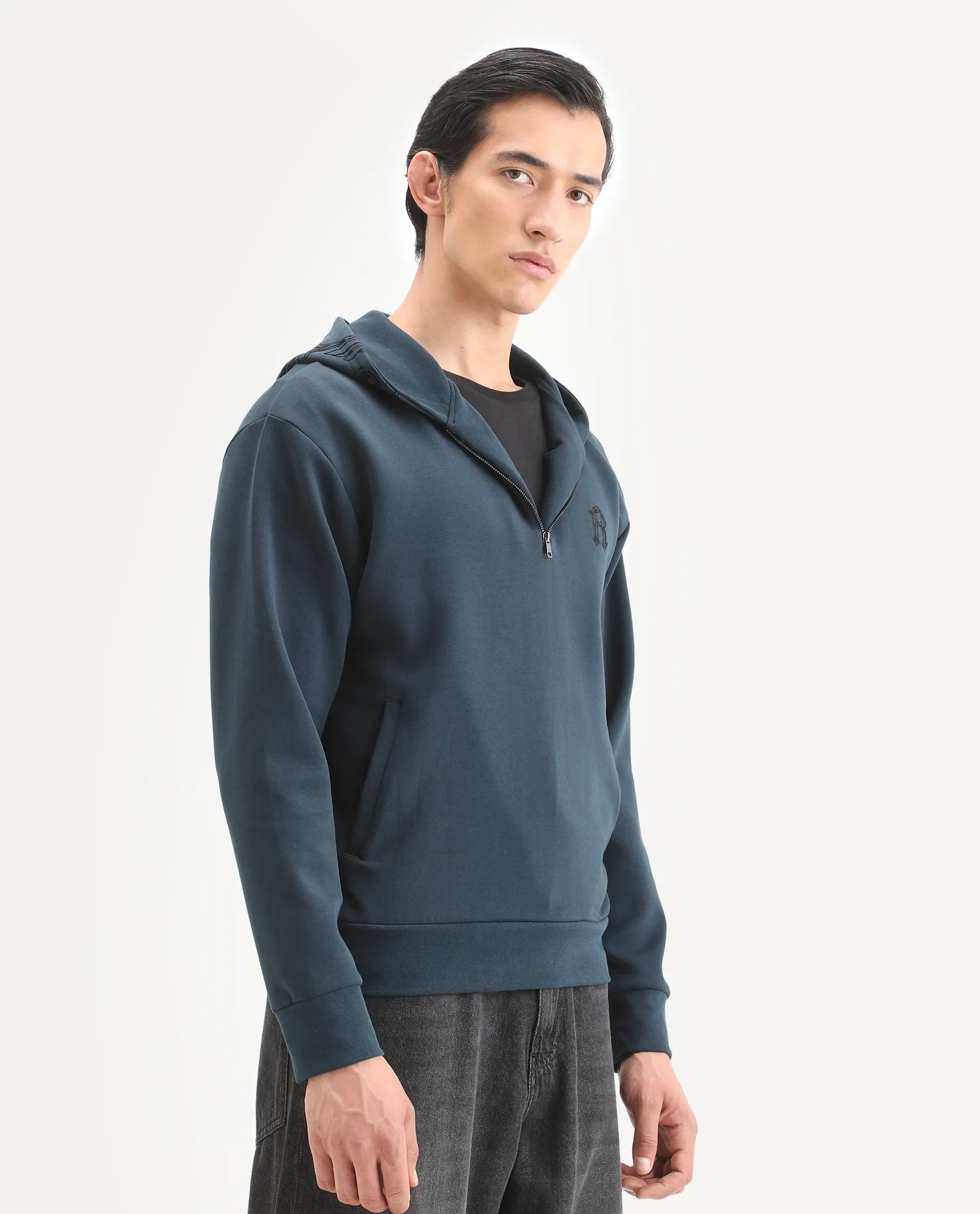 Rare Rabbit Men's Caig Dark Teal Cotton Blend Graphic Print Regular Fit Full Sleeve Hooded Sweatshirt - Image 7
