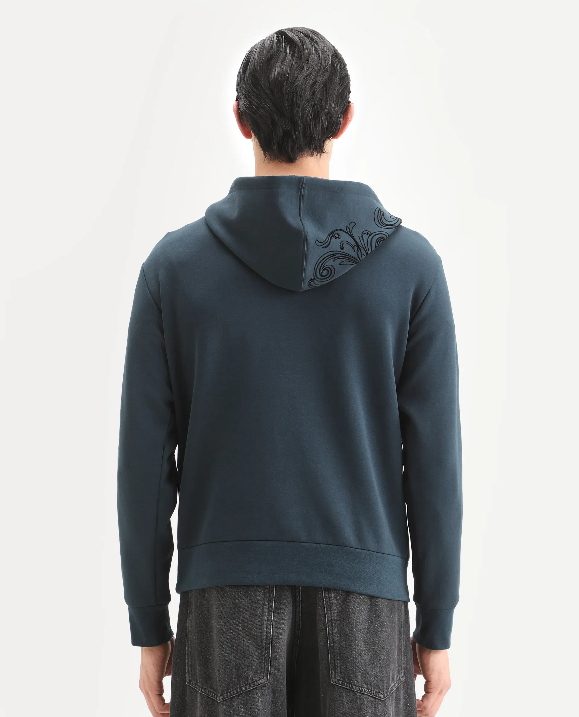Rare Rabbit Men's Caig Dark Teal Cotton Blend Graphic Print Regular Fit Full Sleeve Hooded Sweatshirt - Image 8