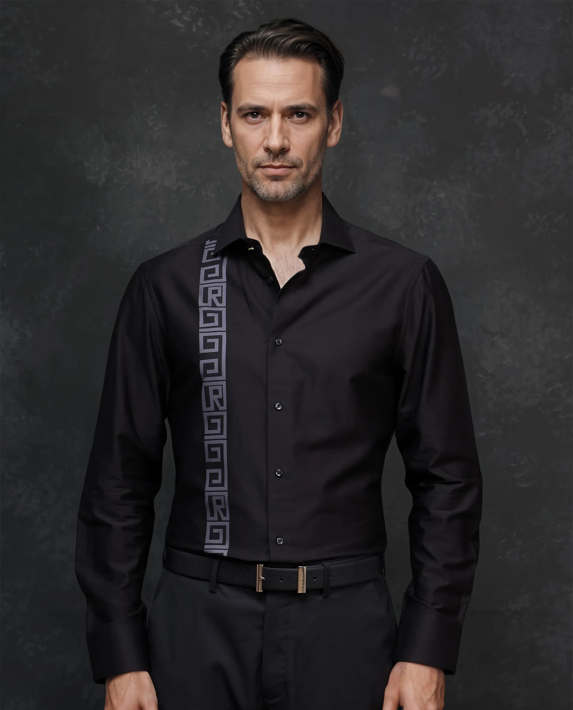 Rare Rabbit Men's Caino Black Cotton Monogram Print Regular Fit Full Sleeve Collared Shirt