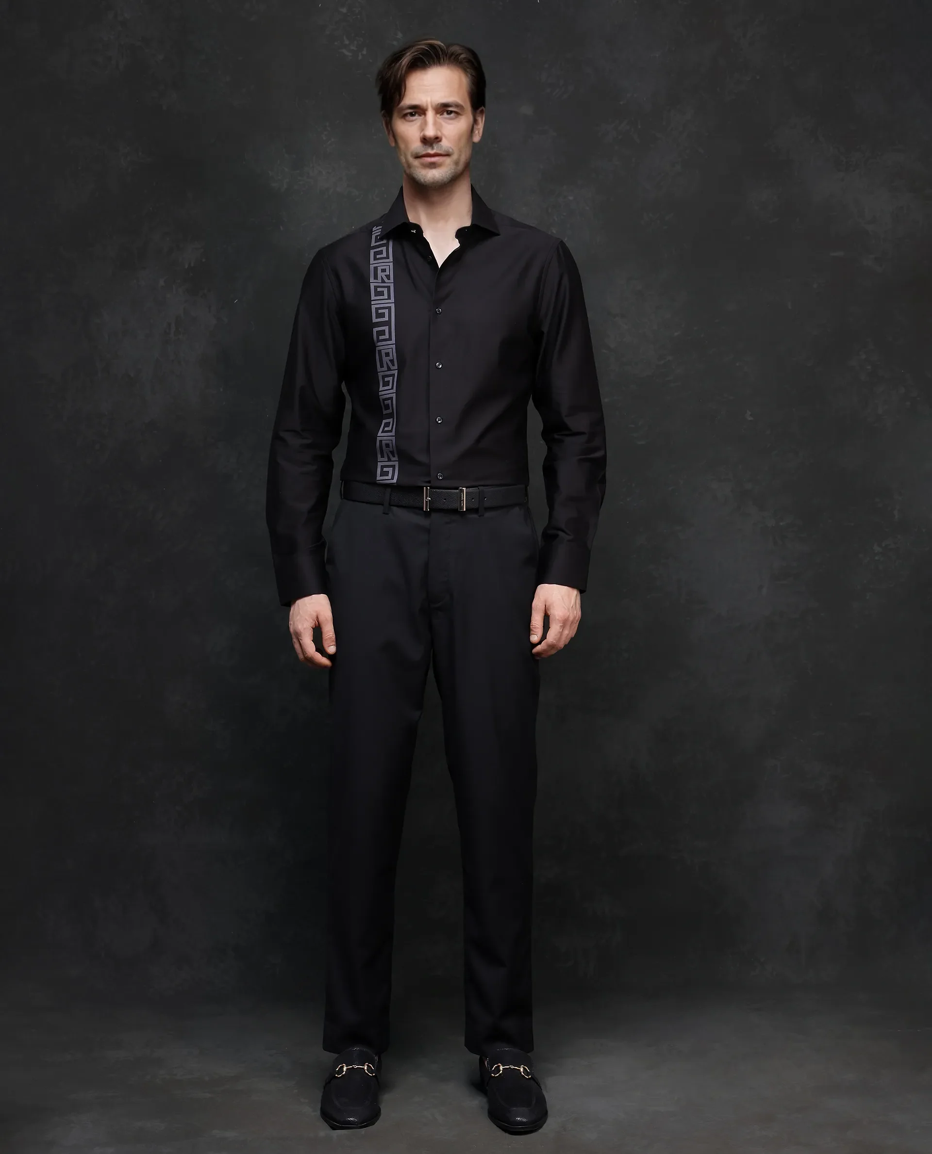Rare Rabbit Men's Caino Black Cotton Monogram Print Regular Fit Full Sleeve Collared Shirt - Image 2