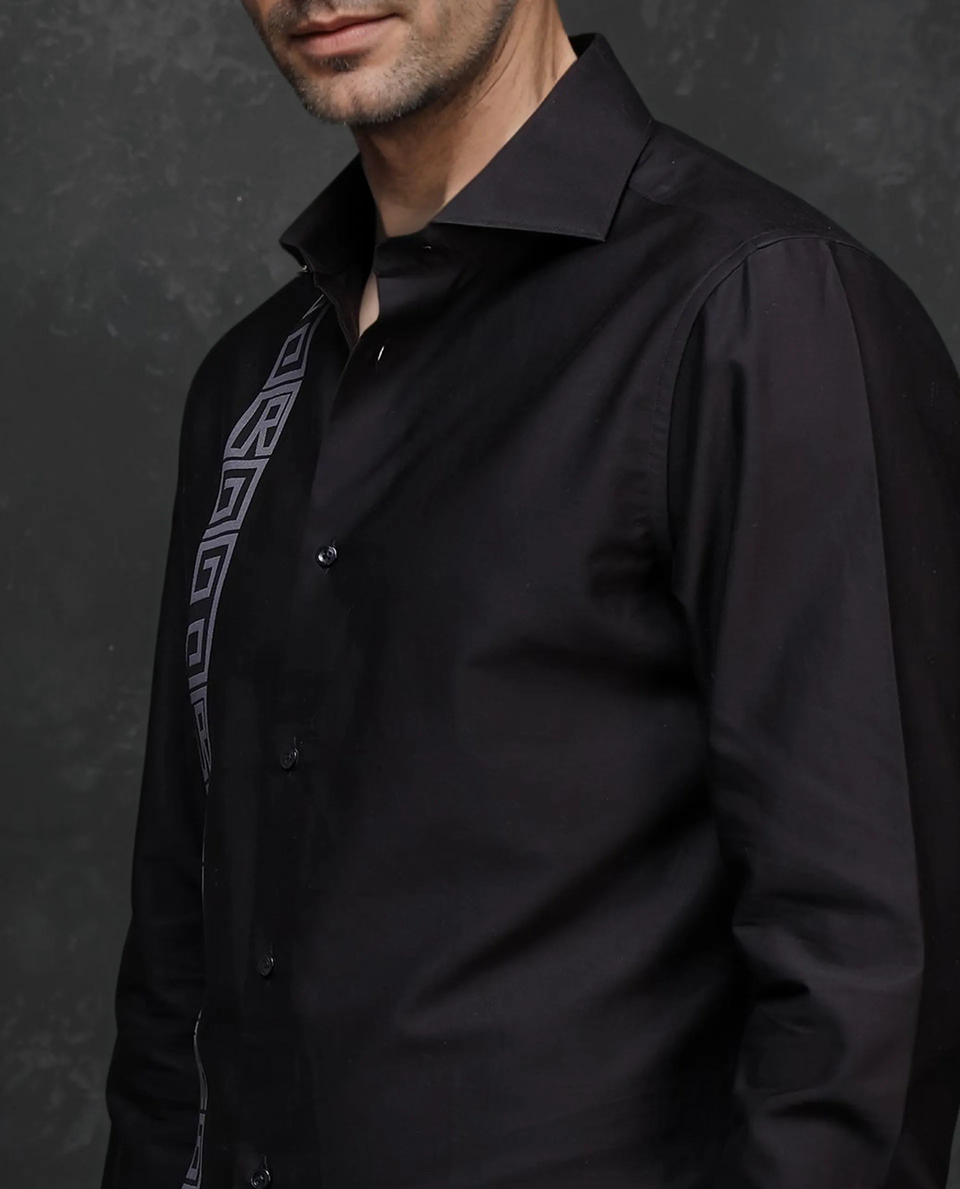 Rare Rabbit Men's Caino Black Cotton Monogram Print Regular Fit Full Sleeve Collared Shirt - Image 3