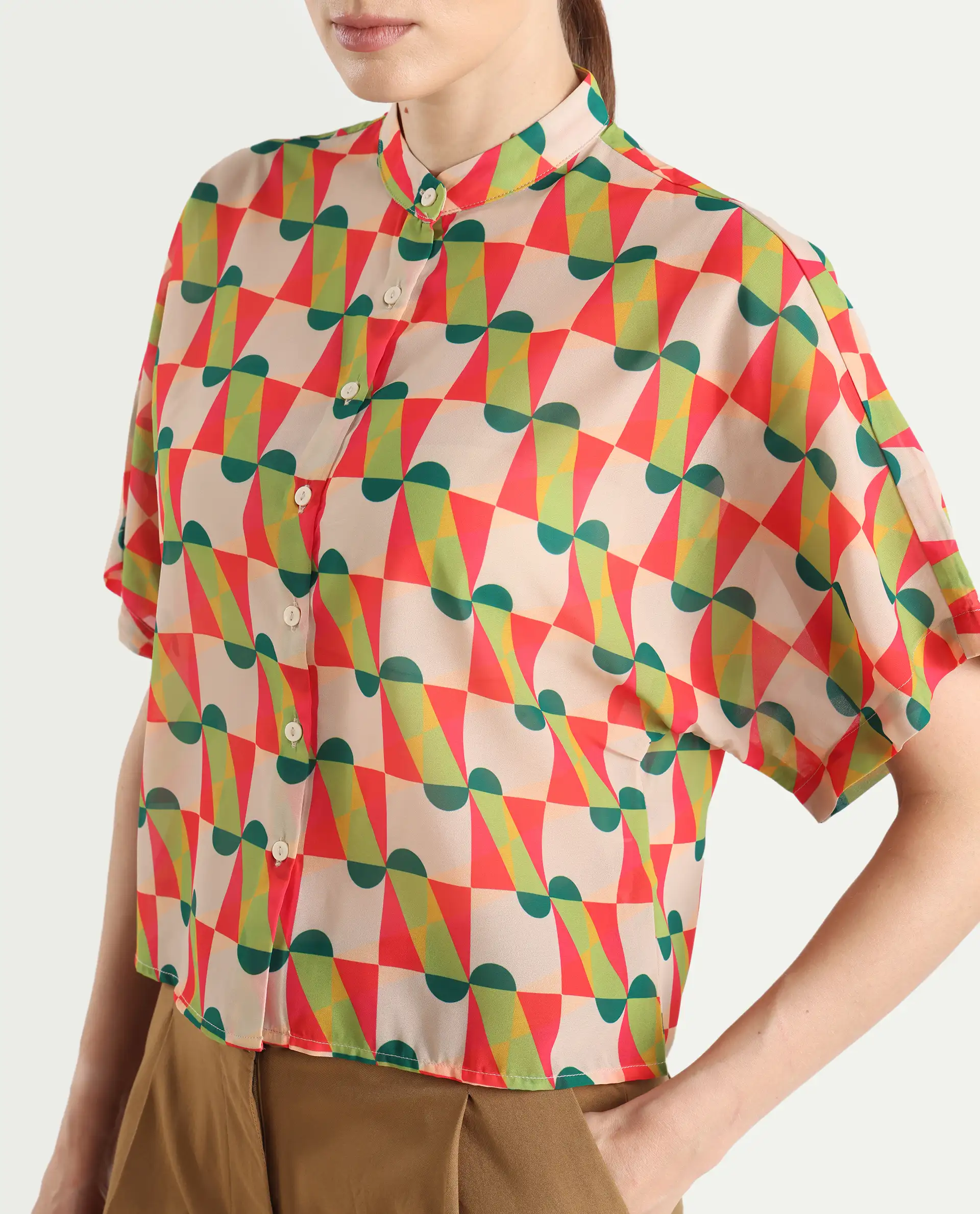 Rareism Women's Cajeme Multi Cotton Blend Collarless Geometric Print Extended Sleeves Relaxed Fit Shrug - Image 4