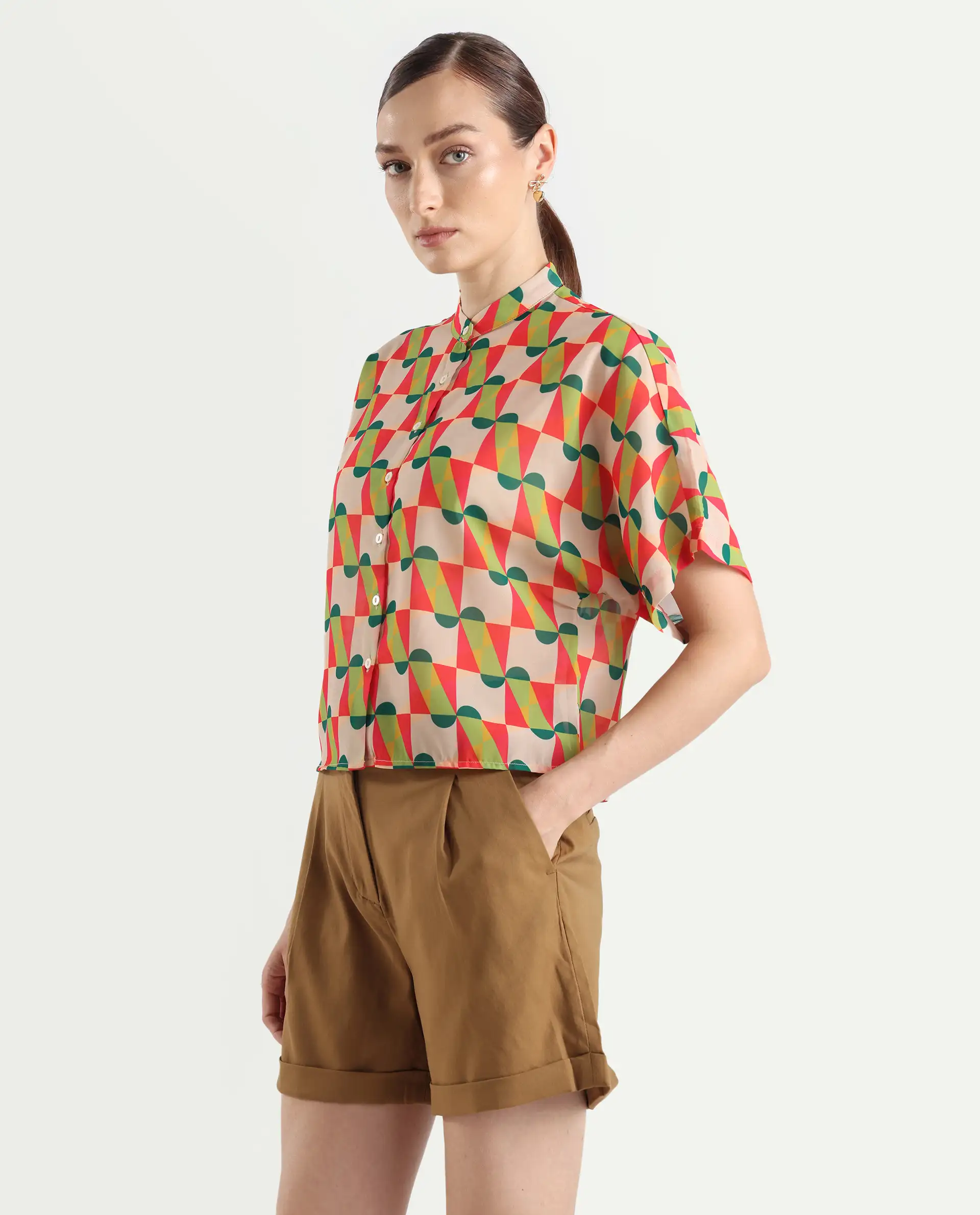 Rareism Women's Cajeme Multi Cotton Blend Collarless Geometric Print Extended Sleeves Relaxed Fit Shrug - Image 5
