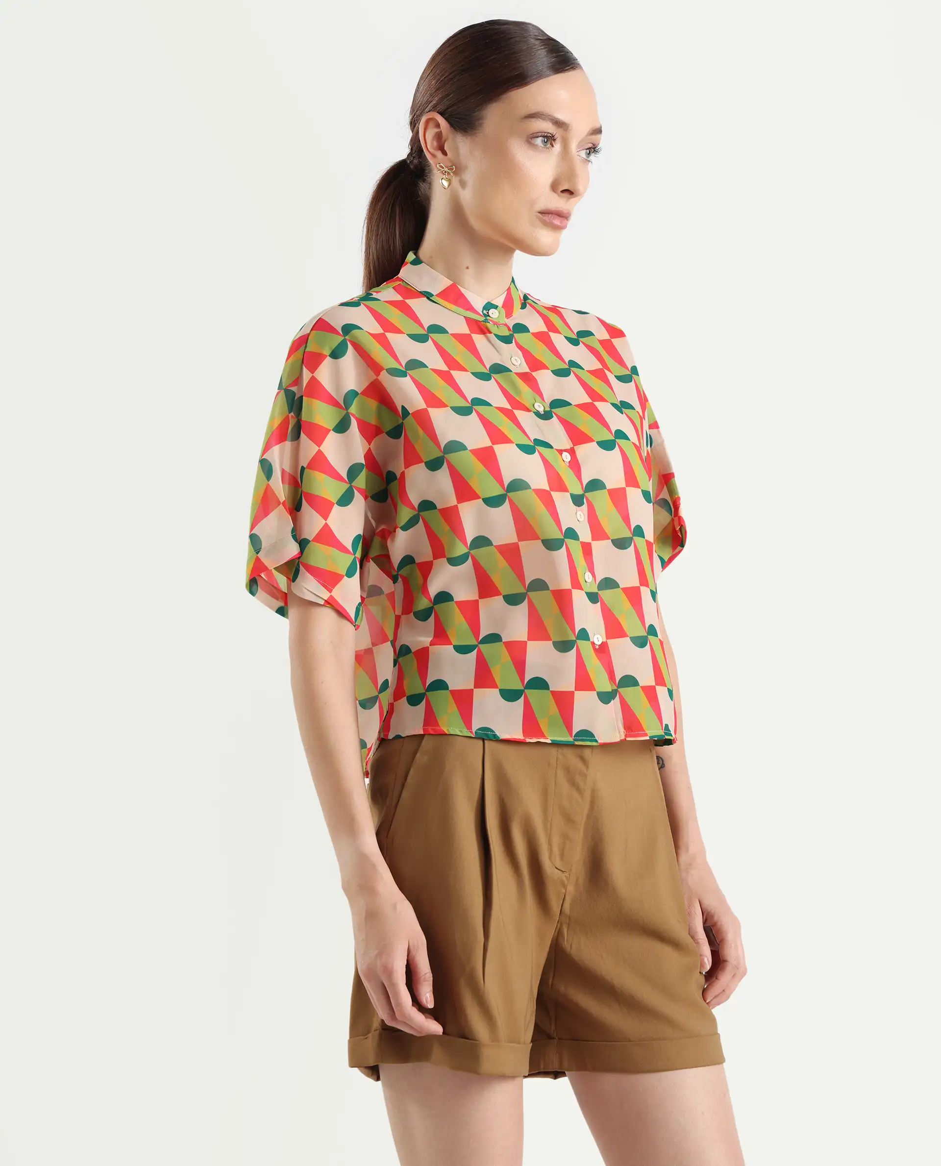 Rareism Women's Cajeme Multi Cotton Blend Collarless Geometric Print Extended Sleeves Relaxed Fit Shrug - Image 6