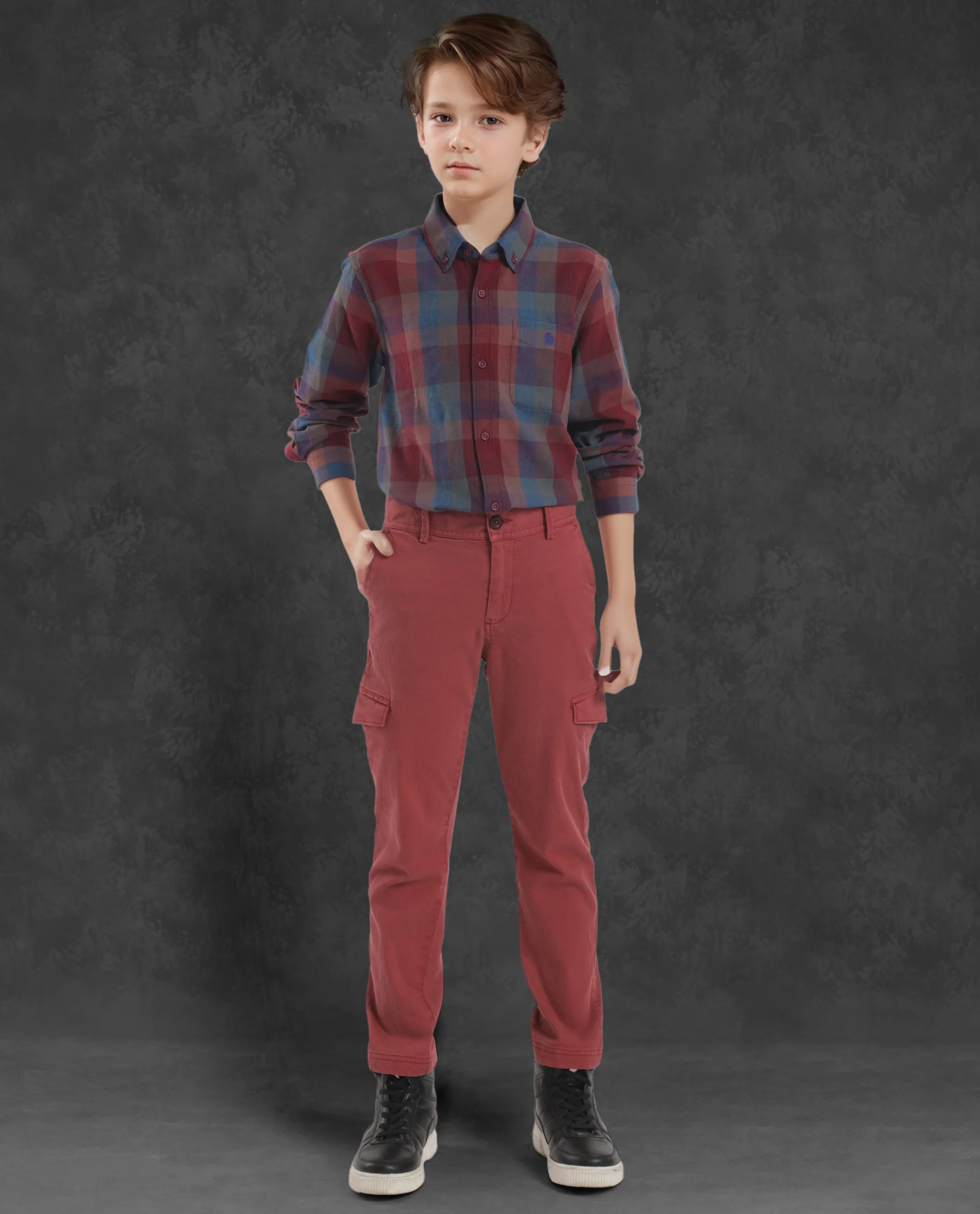 Rare Ones Kids Cal Red Cotton Full Sleeves Button Down Collar Regular Fit Checked Shirt - Image 2