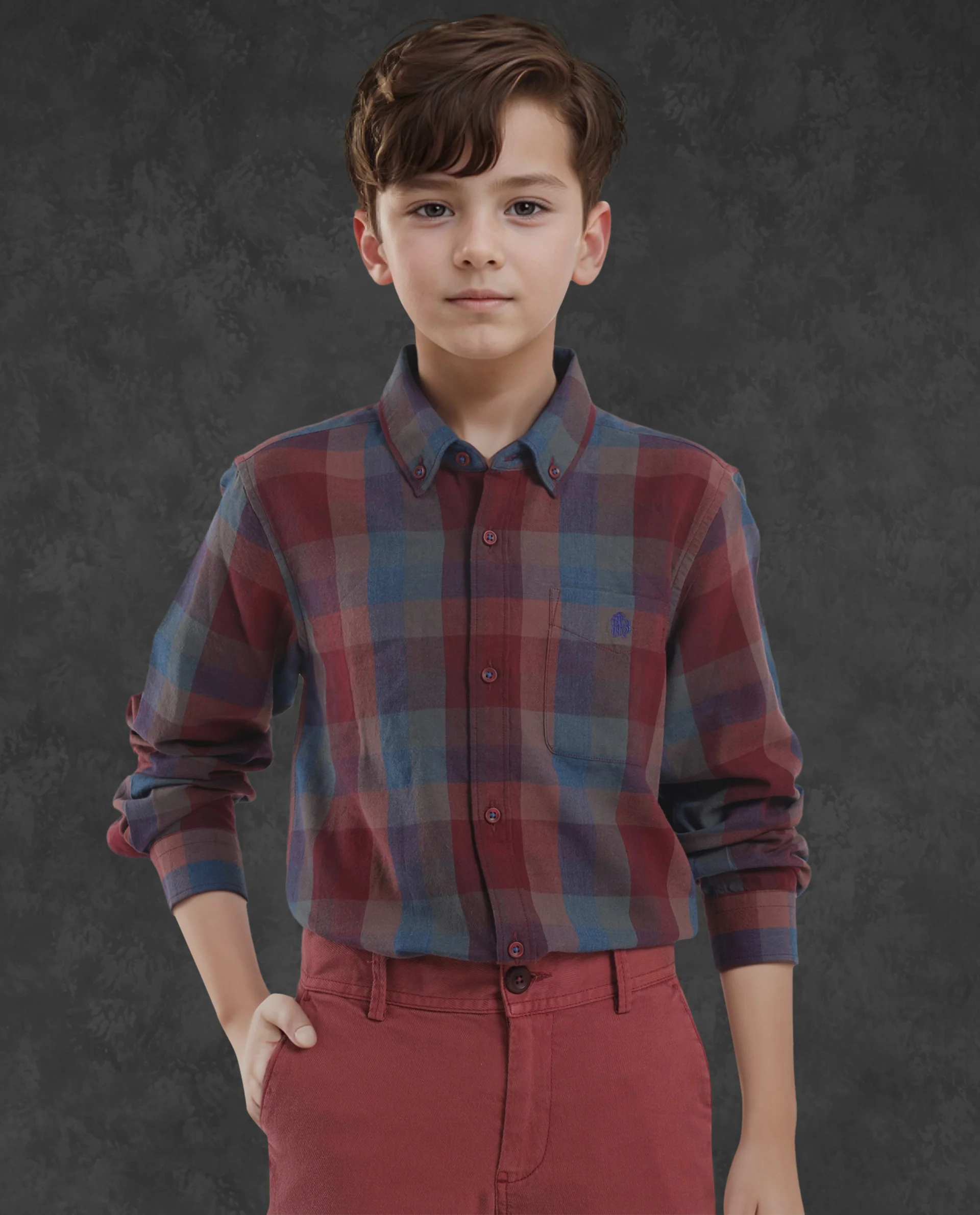 Rare Ones Kids Cal Red Cotton Full Sleeves Button Down Collar Regular Fit Checked Shirt - Image 4