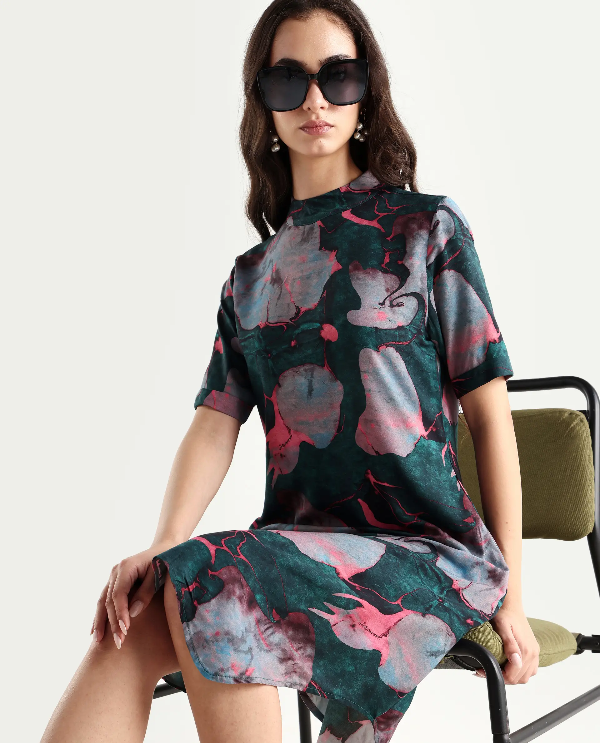 Rareism Women's Calantha Multi Viscose High Neck Floral Print Knee Length Regular Fit Dress - Image 2