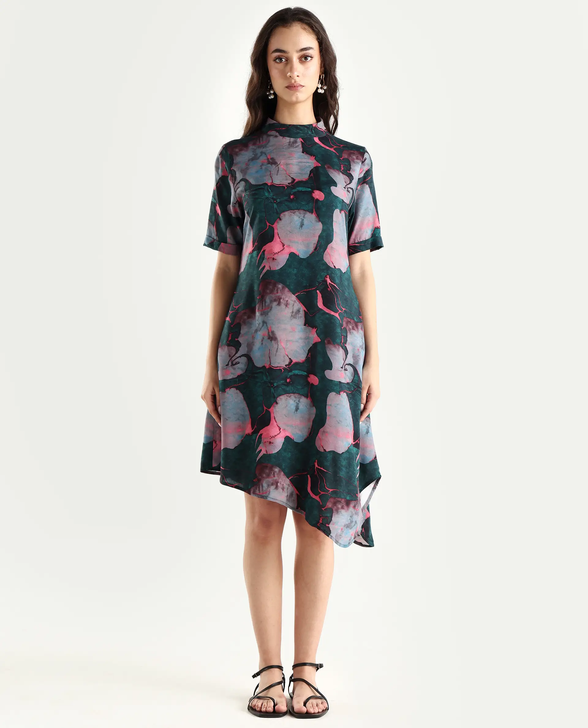 Rareism Women's Calantha Multi Viscose High Neck Floral Print Knee Length Regular Fit Dress - Image 3