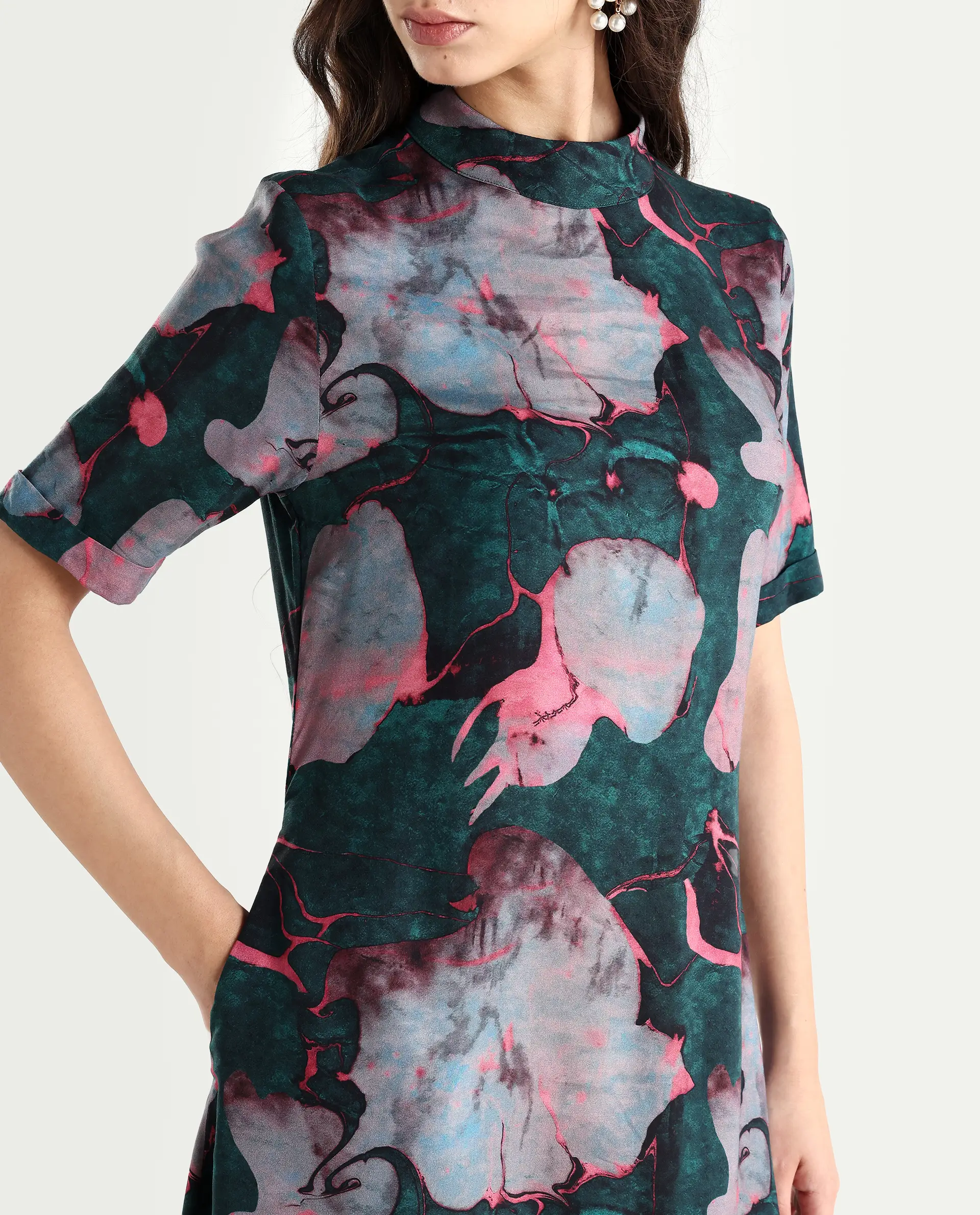 Rareism Women's Calantha Multi Viscose High Neck Floral Print Knee Length Regular Fit Dress - Image 4
