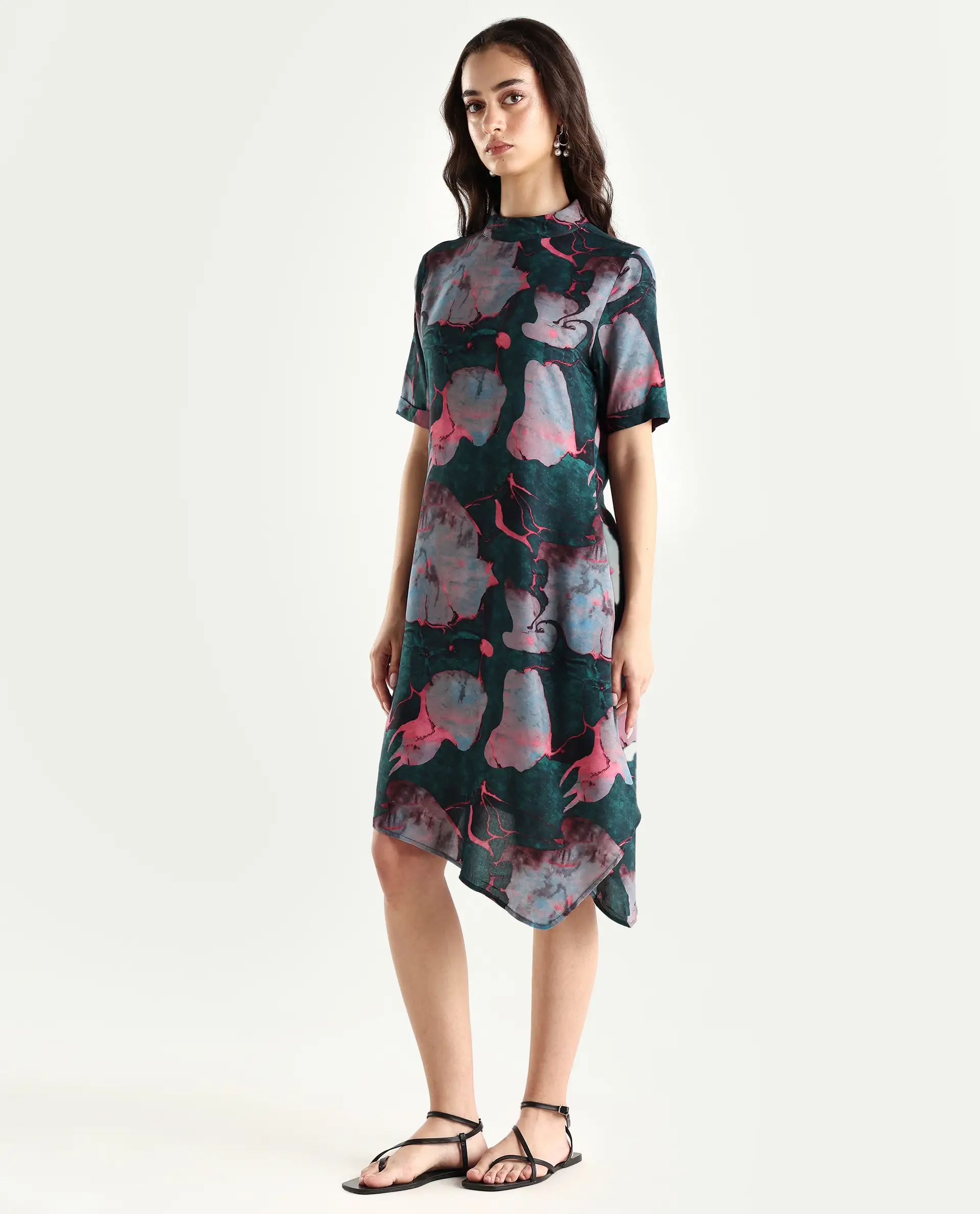 Rareism Women's Calantha Multi Viscose High Neck Floral Print Knee Length Regular Fit Dress - Image 5
