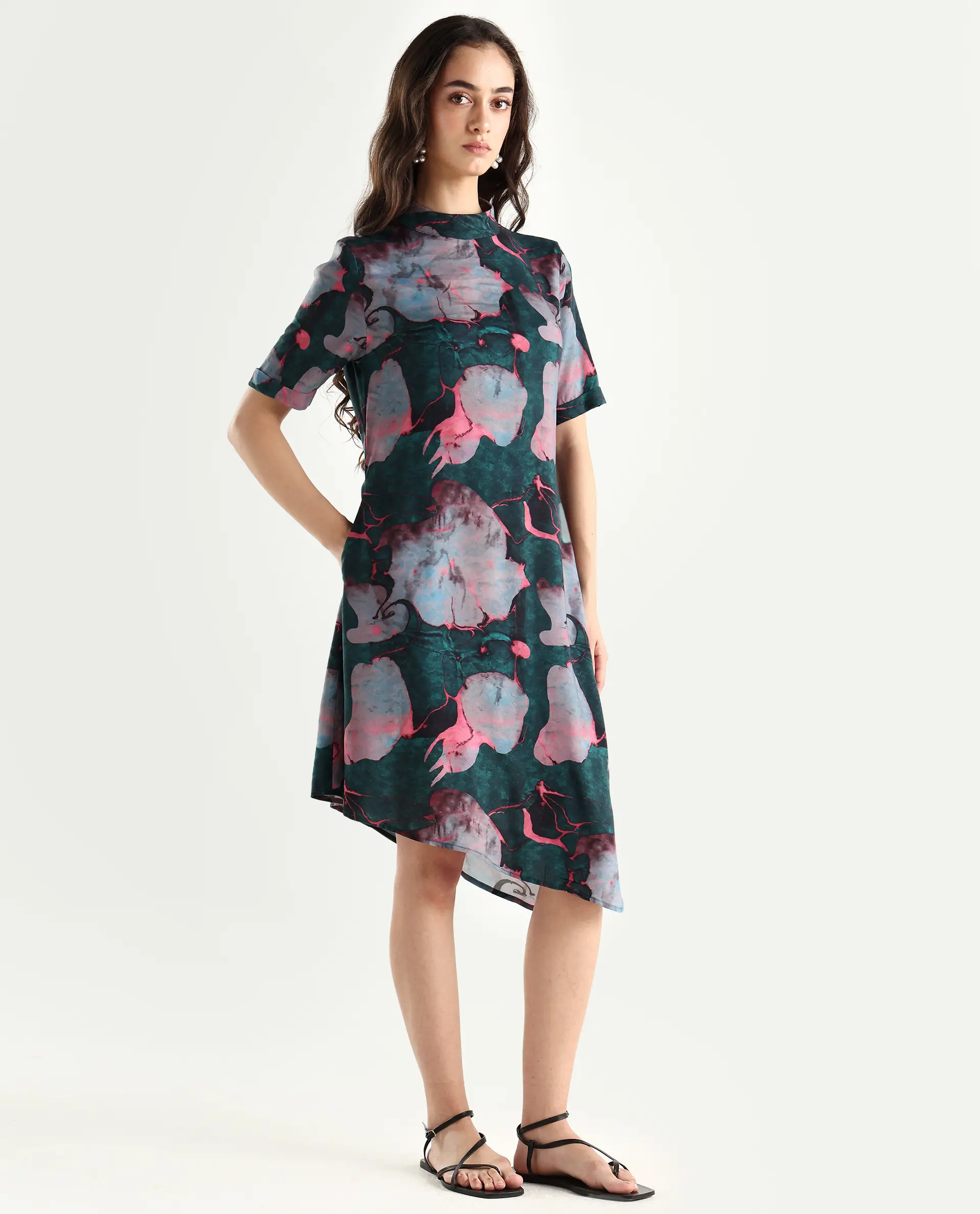 Rareism Women's Calantha Multi Viscose High Neck Floral Print Knee Length Regular Fit Dress - Image 6