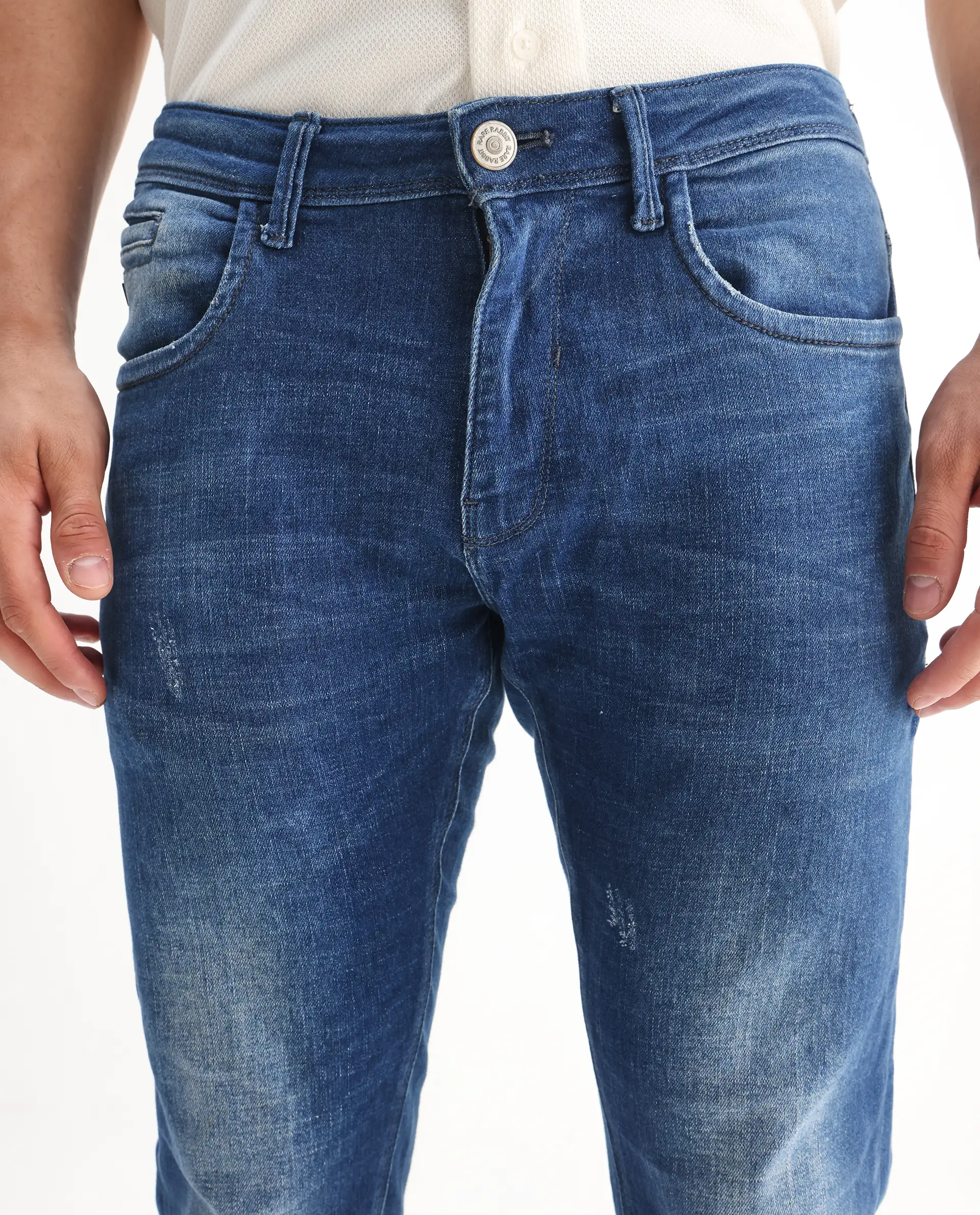 Rare Rabbit Men's Calca Blue Cotton Plain Hawk Slim Fit Jeans - Image 4