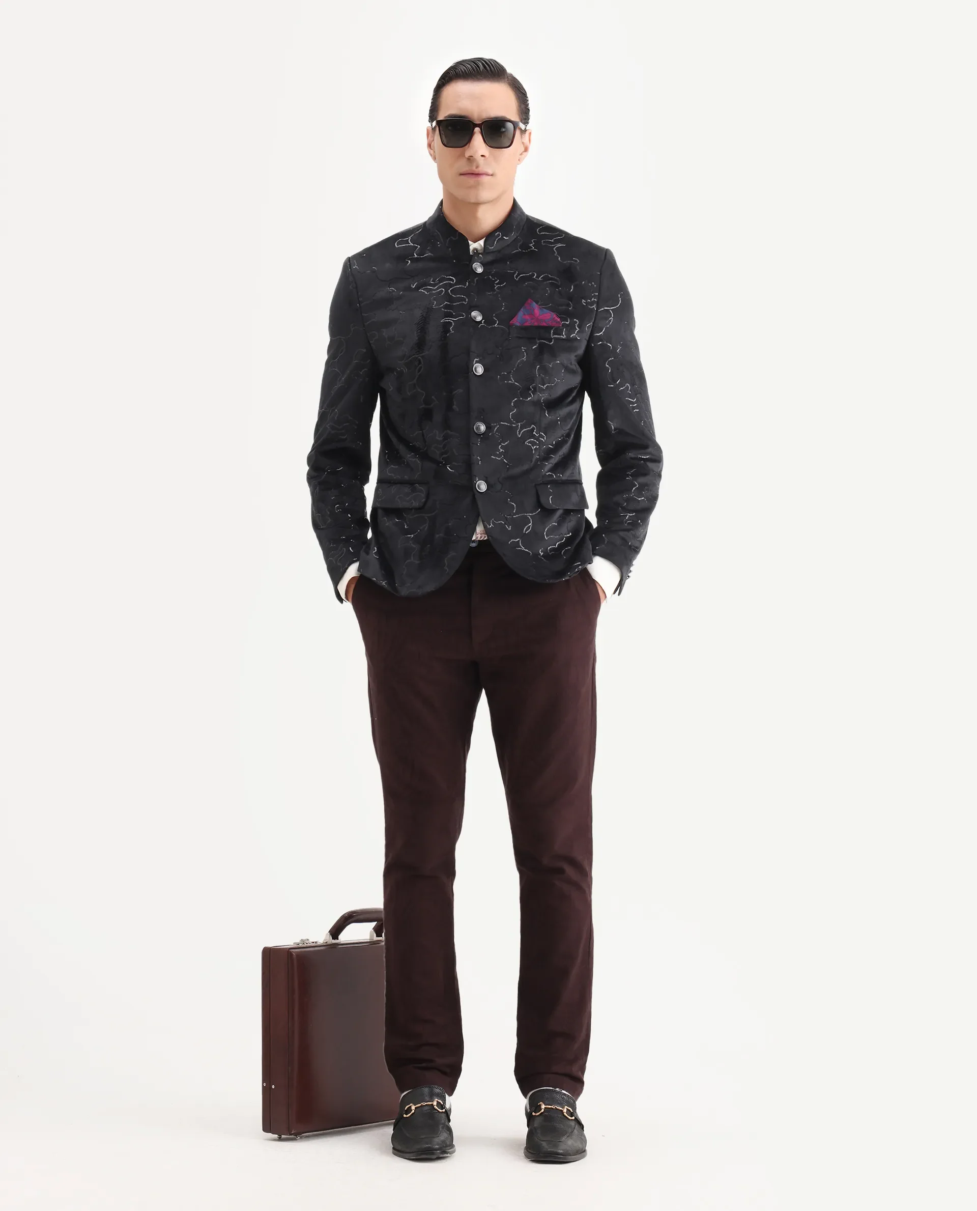 Rare Rabbit Men's Caldy Black Velvet Embellished Tailored Fit Full Sleeve Mandarin Collar Bandhgala Jodhpuri - Image 2