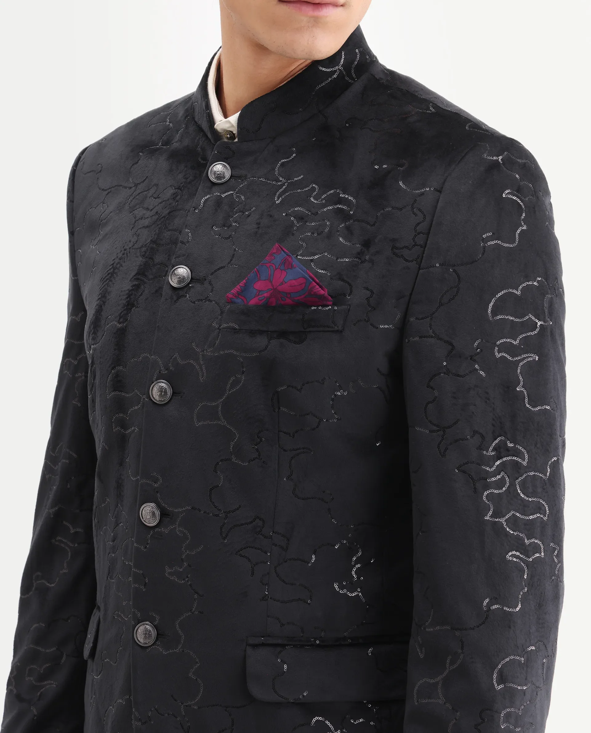 Rare Rabbit Men's Caldy Black Velvet Embellished Tailored Fit Full Sleeve Mandarin Collar Bandhgala Jodhpuri - Image 3