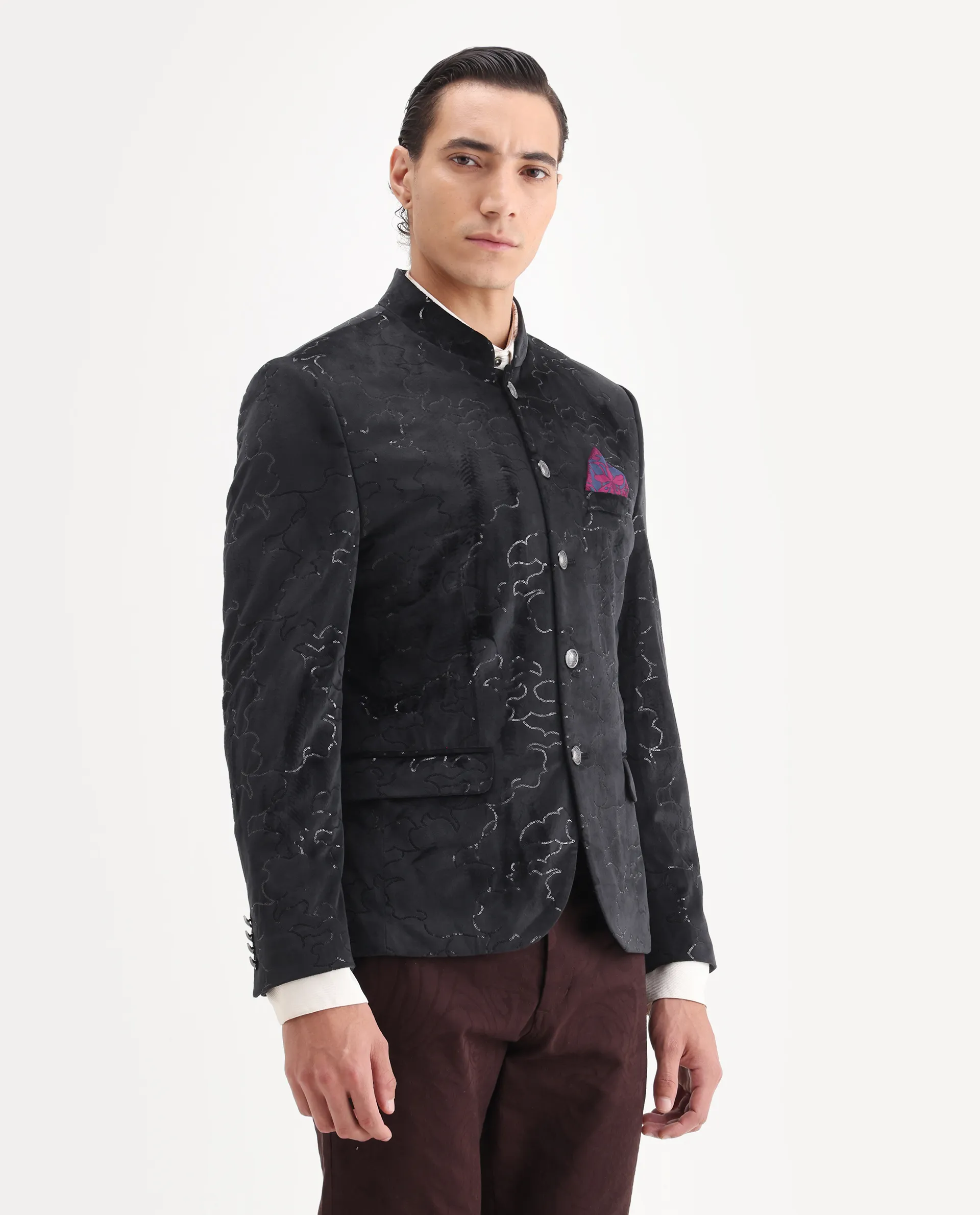 Rare Rabbit Men's Caldy Black Velvet Embellished Tailored Fit Full Sleeve Mandarin Collar Bandhgala Jodhpuri - Image 4