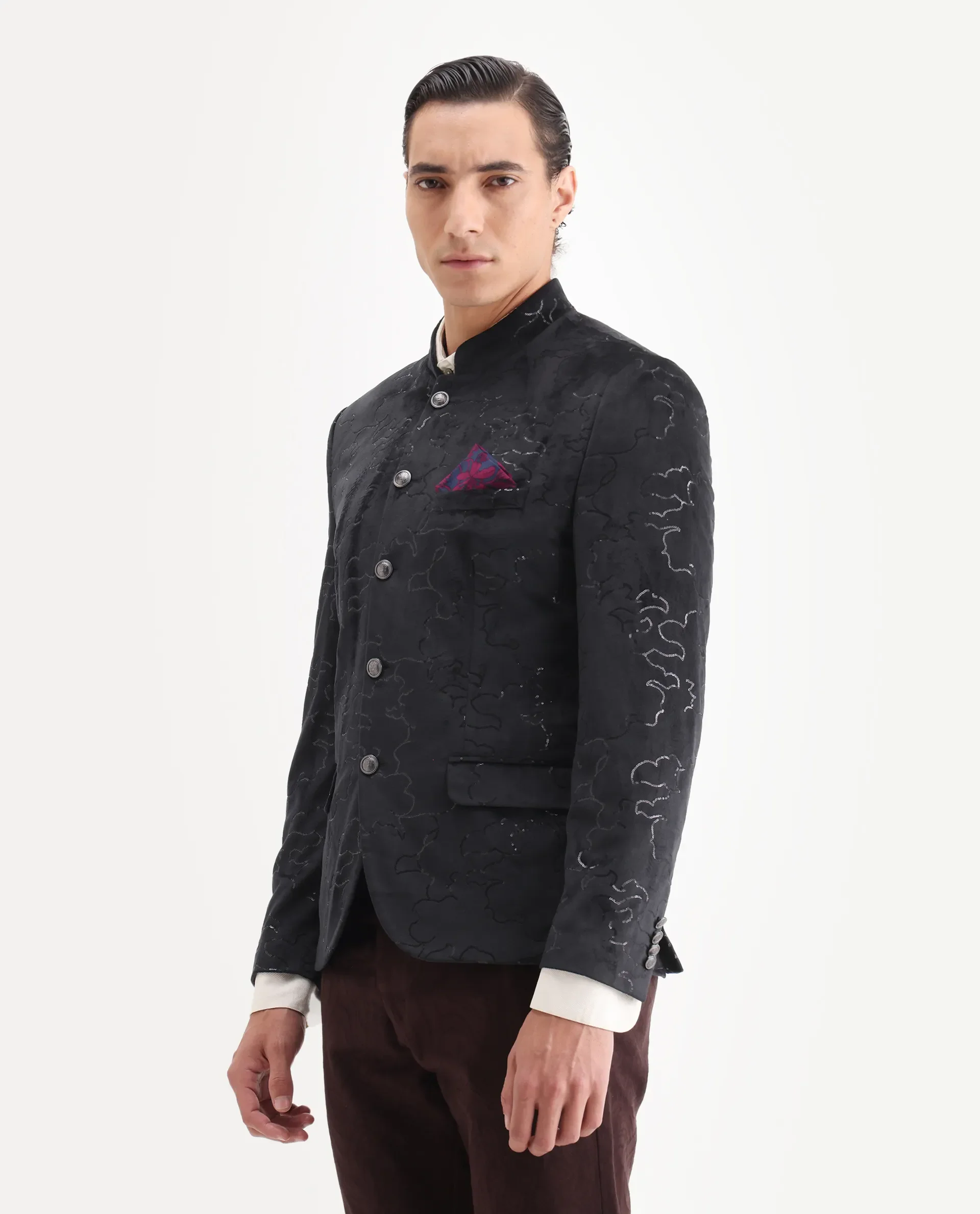 Rare Rabbit Men's Caldy Black Velvet Embellished Tailored Fit Full Sleeve Mandarin Collar Bandhgala Jodhpuri - Image 5