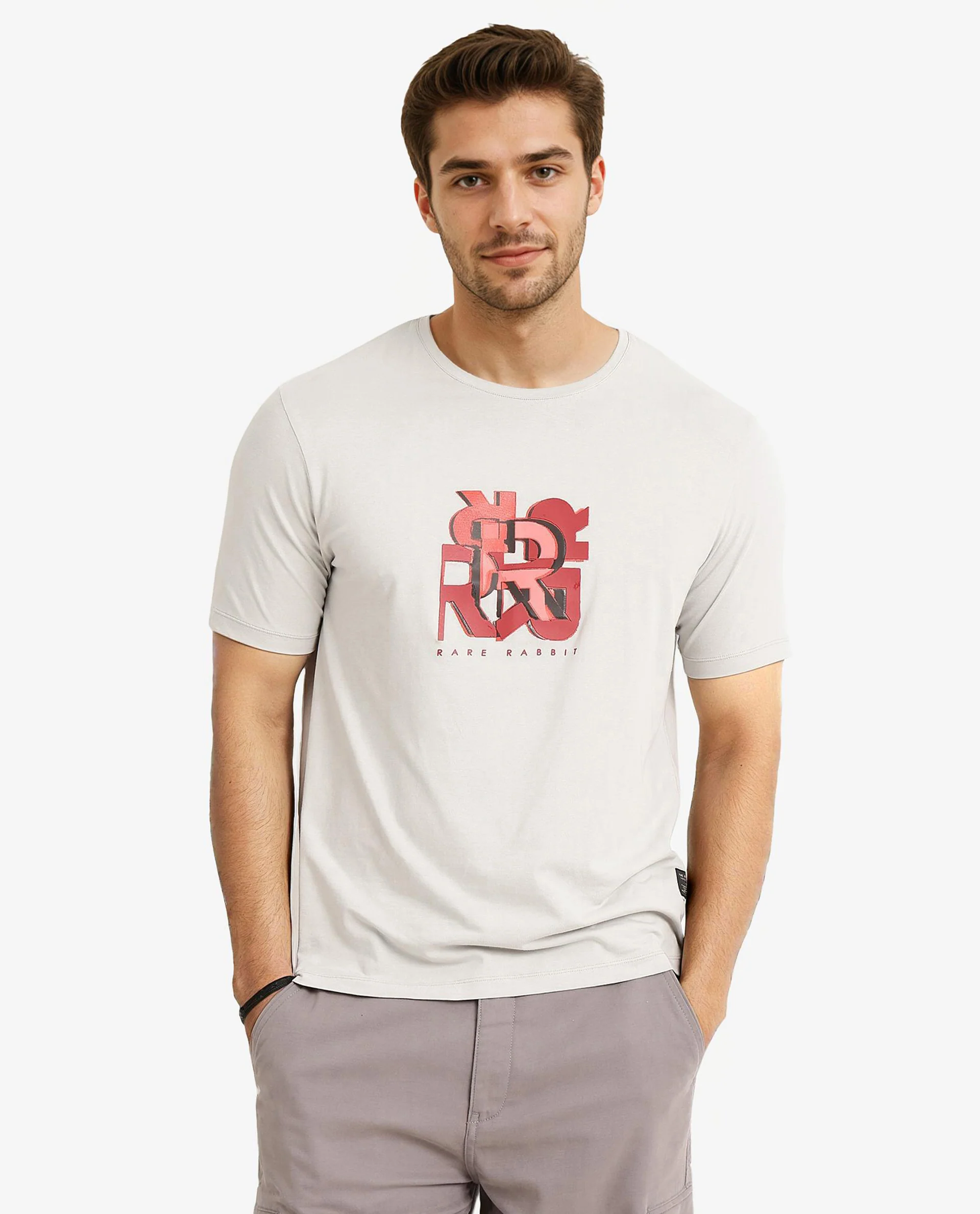 Rare Rabbit Men's Caleb Light Grey Cotton Graphic Print Regular Fit Half Sleeve Crew Neck T-Shirt