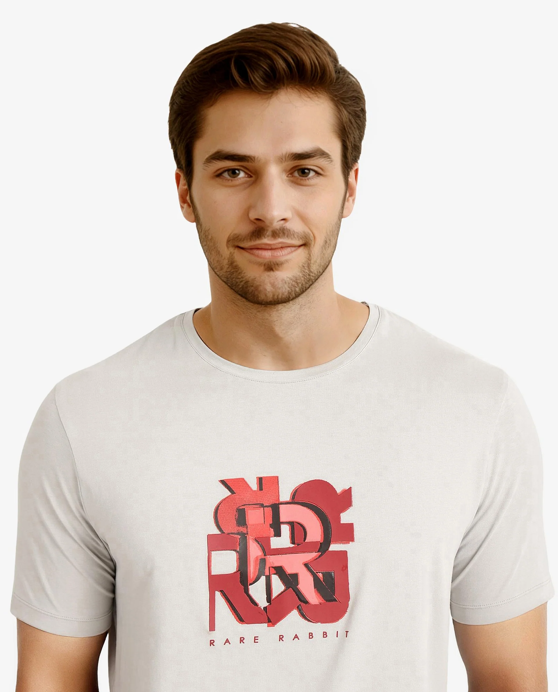 Rare Rabbit Men's Caleb Light Grey Cotton Graphic Print Regular Fit Half Sleeve Crew Neck T-Shirt - Image 2