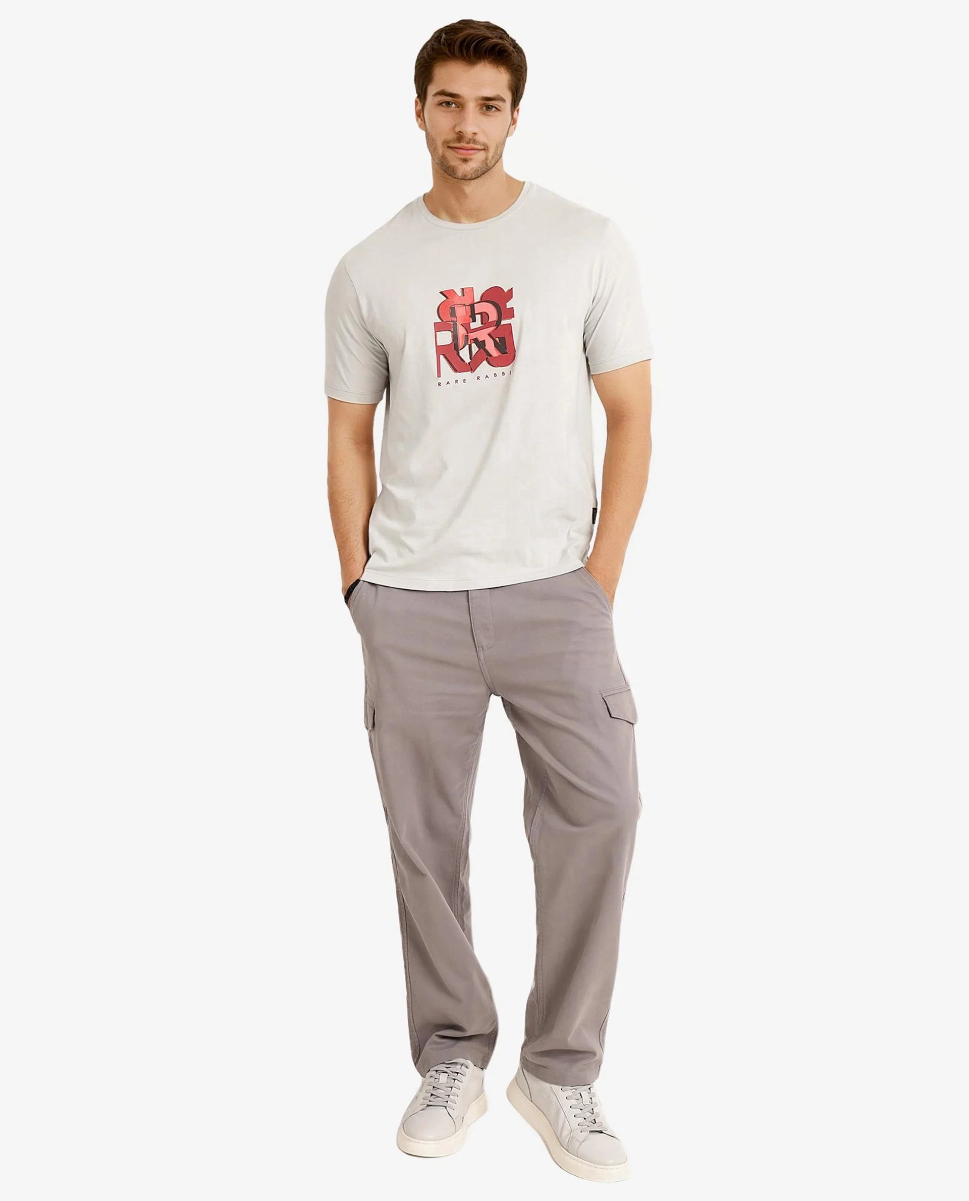 Rare Rabbit Men's Caleb Light Grey Cotton Graphic Print Regular Fit Half Sleeve Crew Neck T-Shirt - Image 3