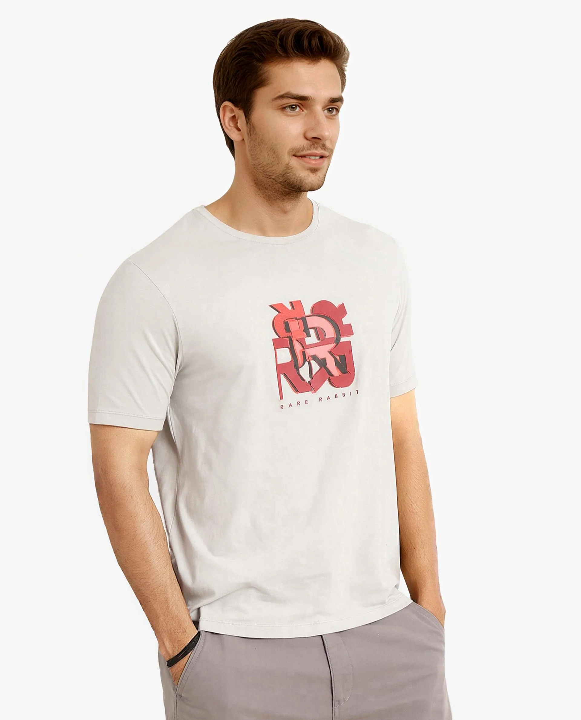 Rare Rabbit Men's Caleb Light Grey Cotton Graphic Print Regular Fit Half Sleeve Crew Neck T-Shirt - Image 5