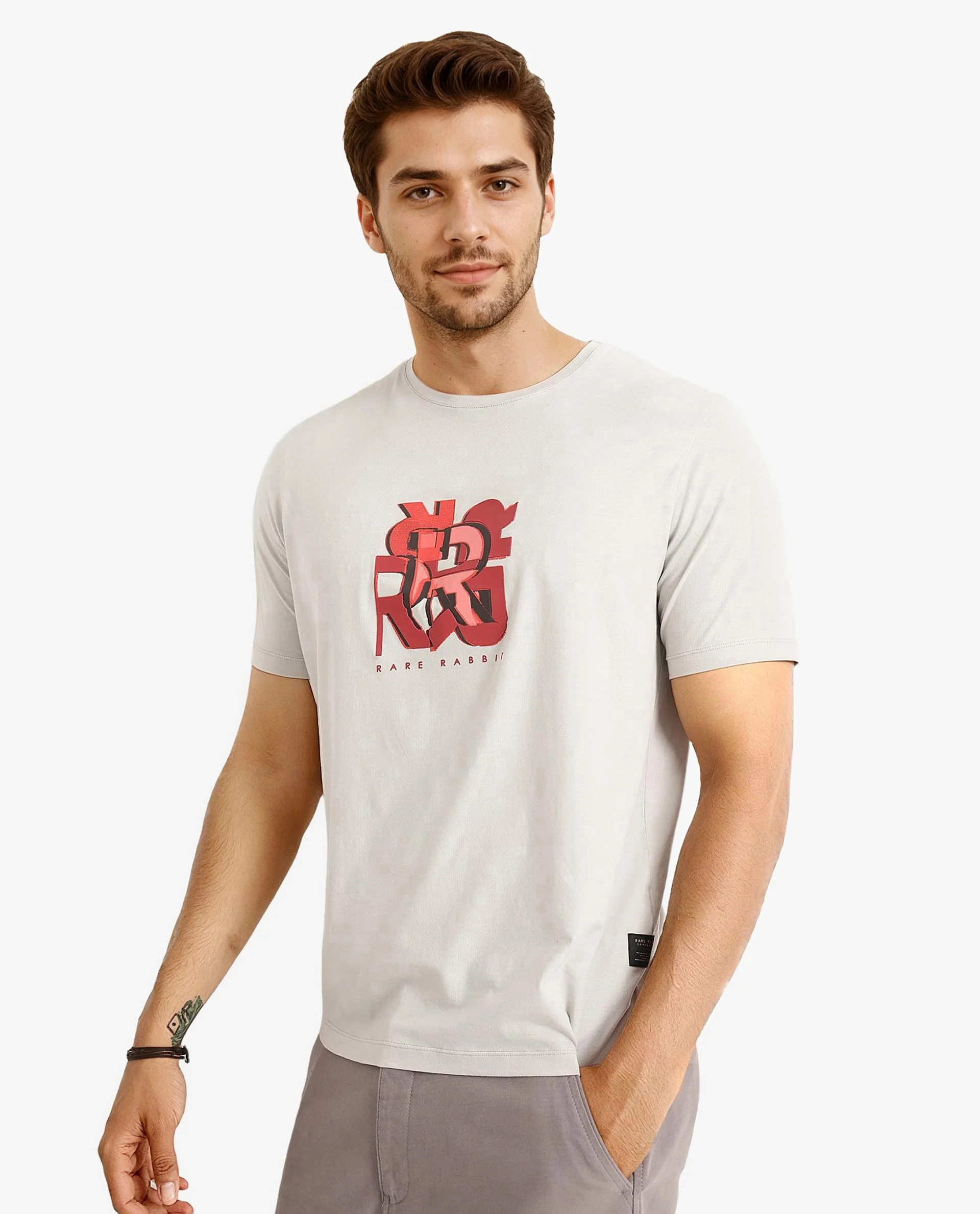 Rare Rabbit Men's Caleb Light Grey Cotton Graphic Print Regular Fit Half Sleeve Crew Neck T-Shirt - Image 6