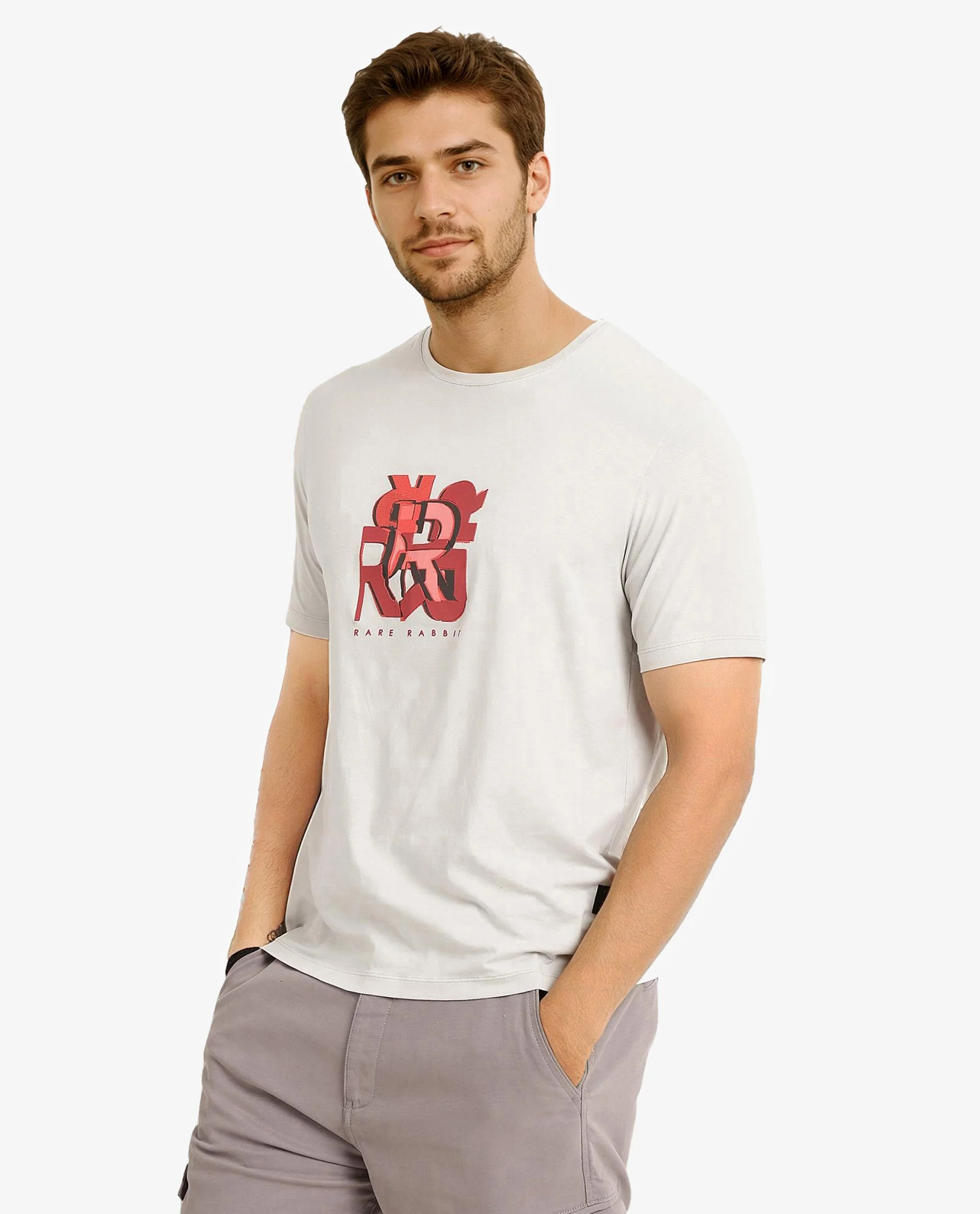 Rare Rabbit Men's Caleb Light Grey Cotton Graphic Print Regular Fit Half Sleeve Crew Neck T-Shirt - Image 7