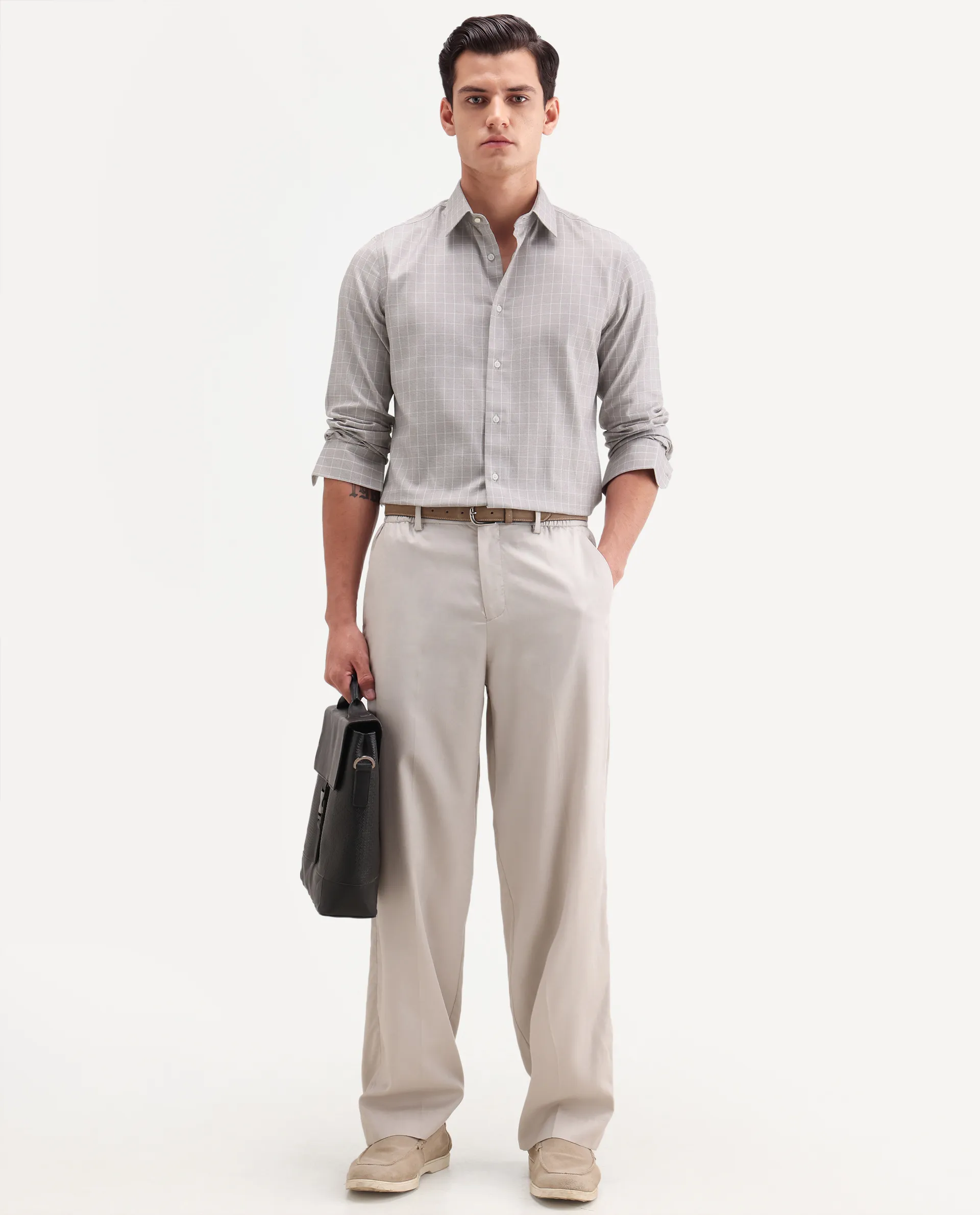 Rare Rabbit Men's Caler Light Grey Cotton Full Sleeve Spread Collar Regular Fit Checked Shirt - Image 2