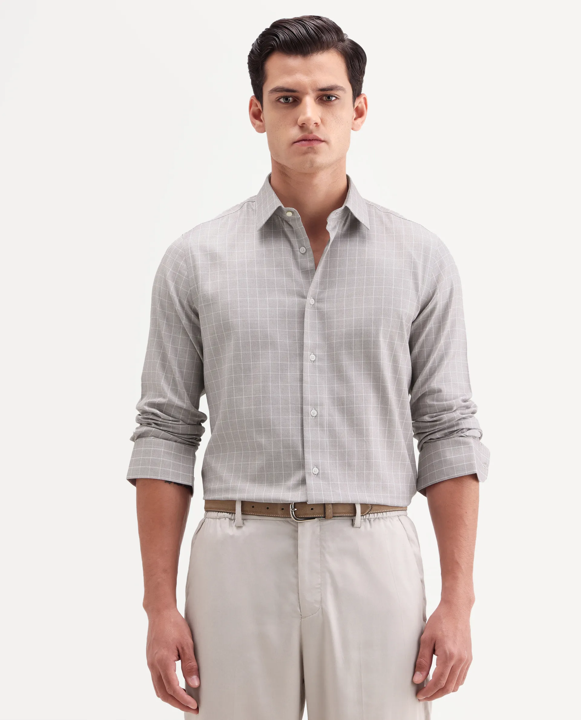 Rare Rabbit Men's Caler Light Grey Cotton Full Sleeve Spread Collar Regular Fit Checked Shirt - Image 4