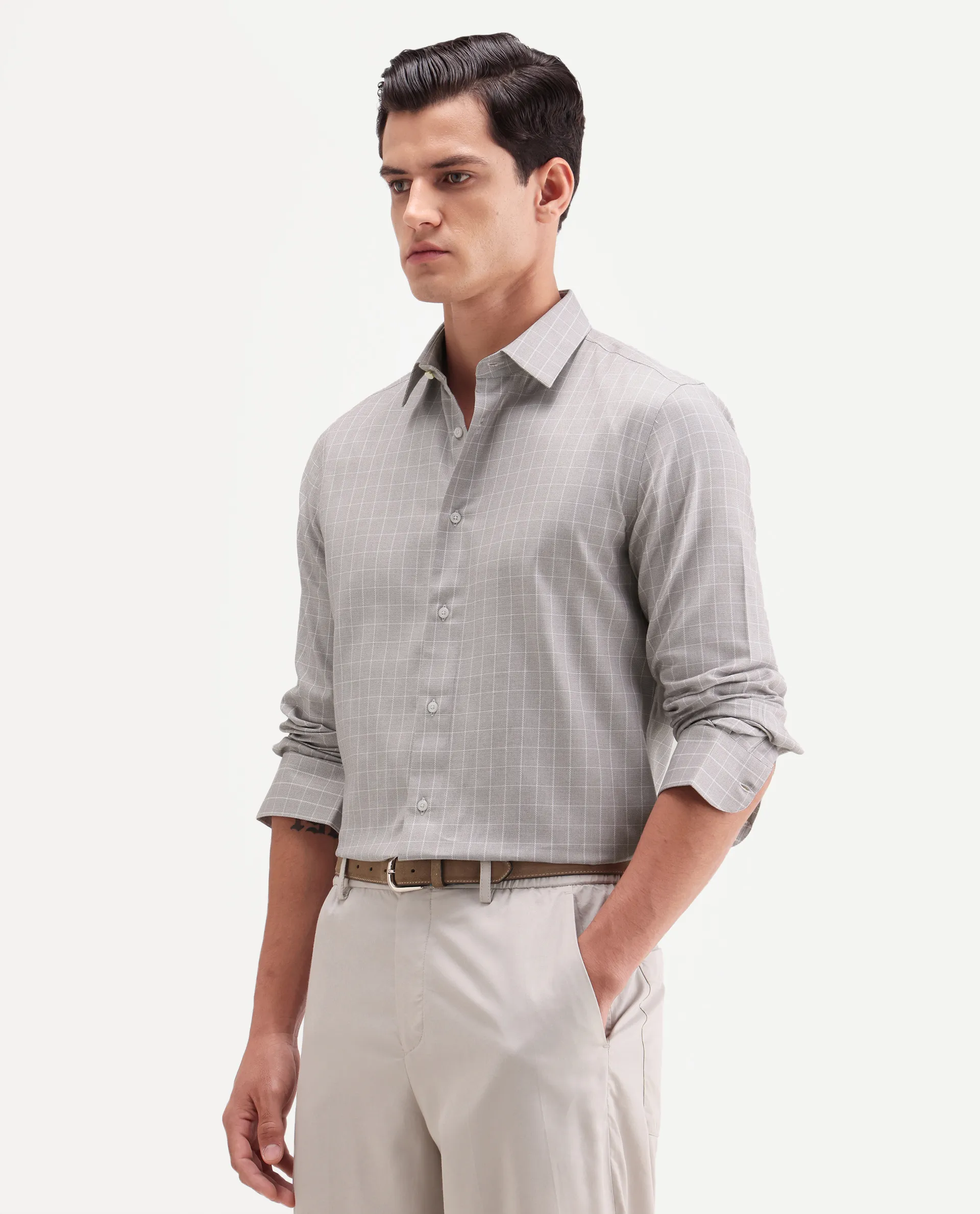 Rare Rabbit Men's Caler Light Grey Cotton Full Sleeve Spread Collar Regular Fit Checked Shirt - Image 5