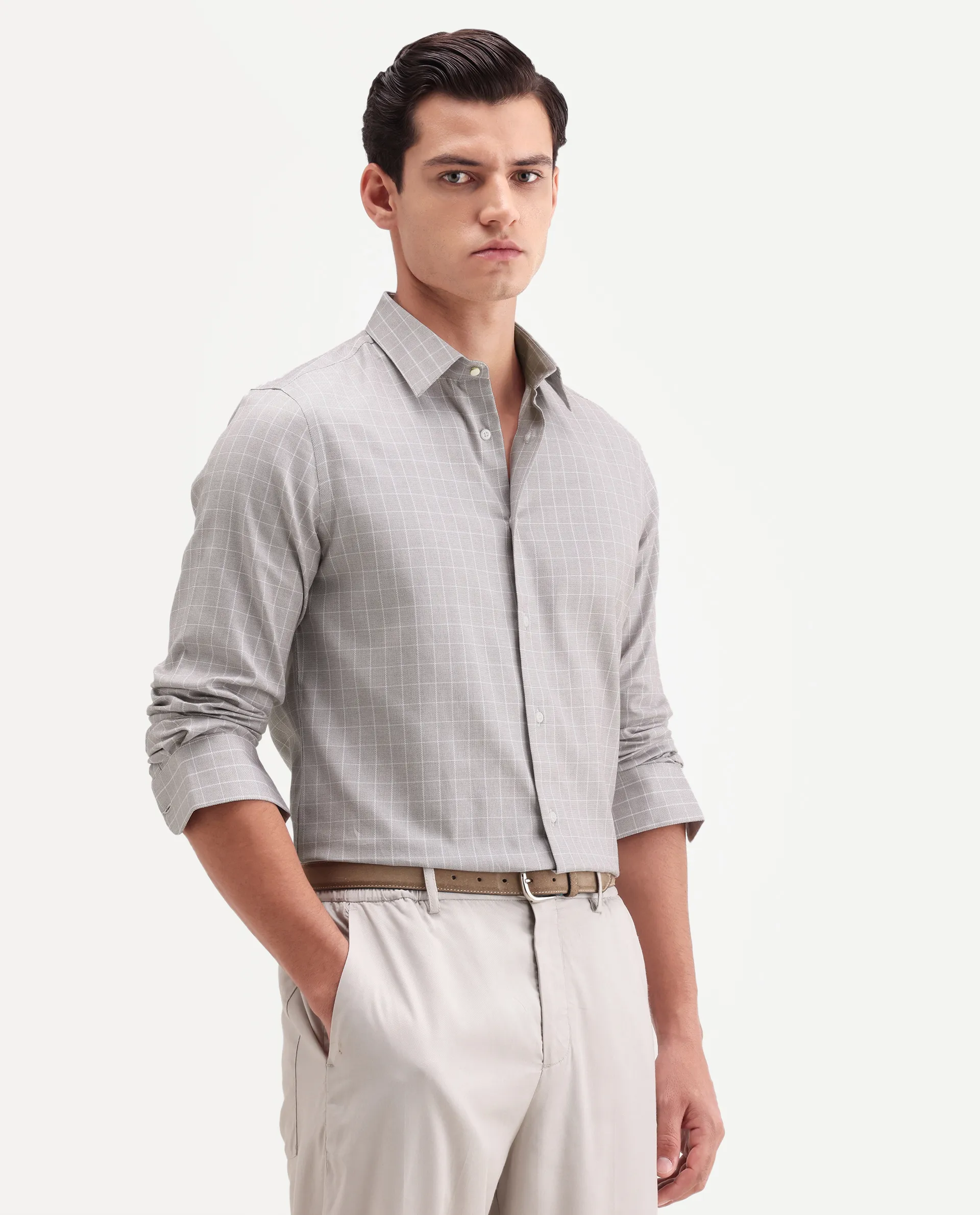 Rare Rabbit Men's Caler Light Grey Cotton Full Sleeve Spread Collar Regular Fit Checked Shirt - Image 6