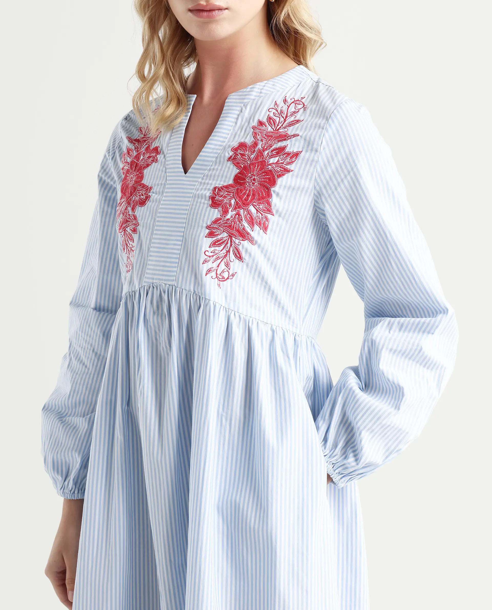 Rareism Women's Calia Blue Cotton Collarless Striped Bishop Sleeve Midi A-Line Dress
