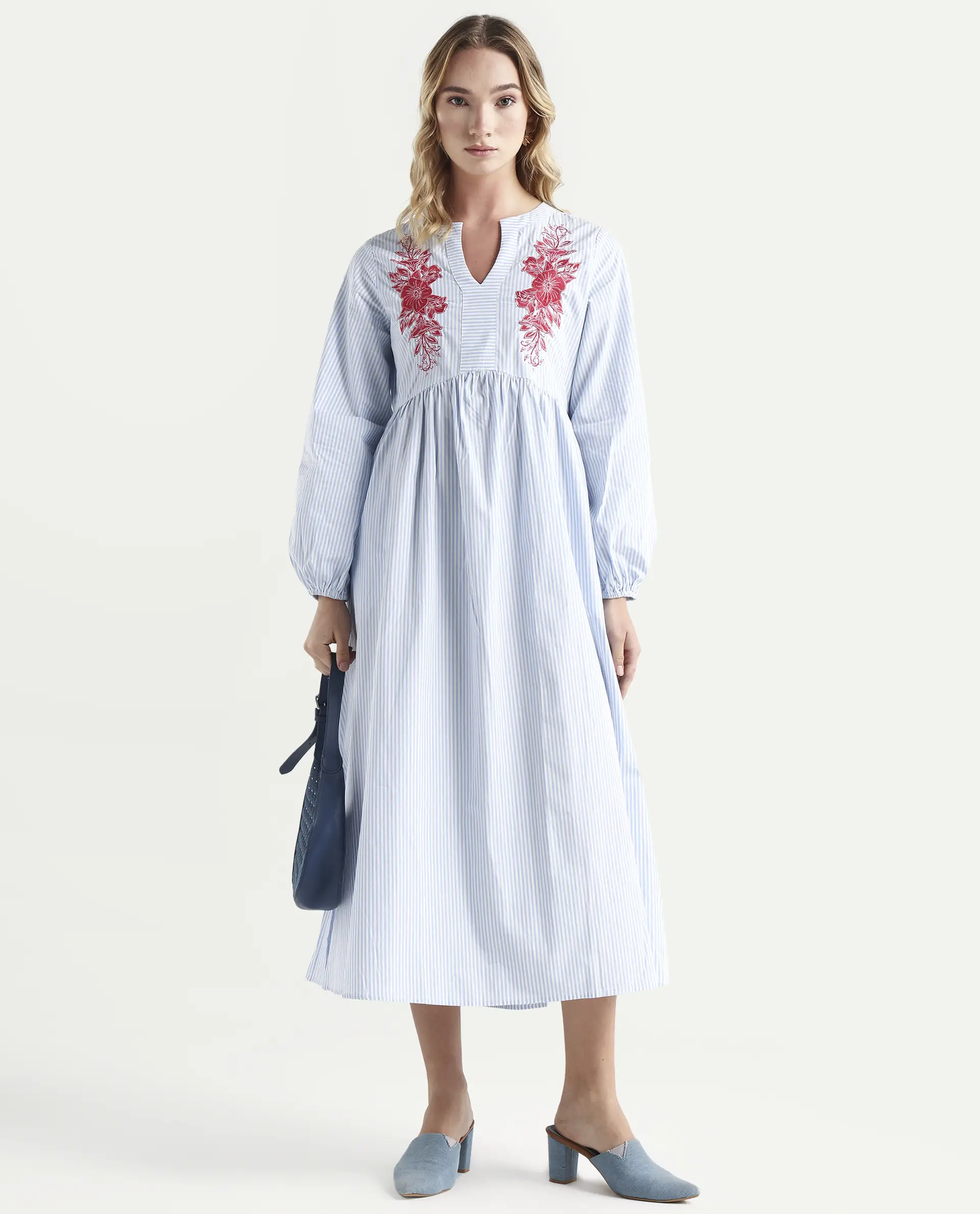 Rareism Women's Calia Blue Cotton Collarless Striped Bishop Sleeve Midi A-Line Dress - Image 2