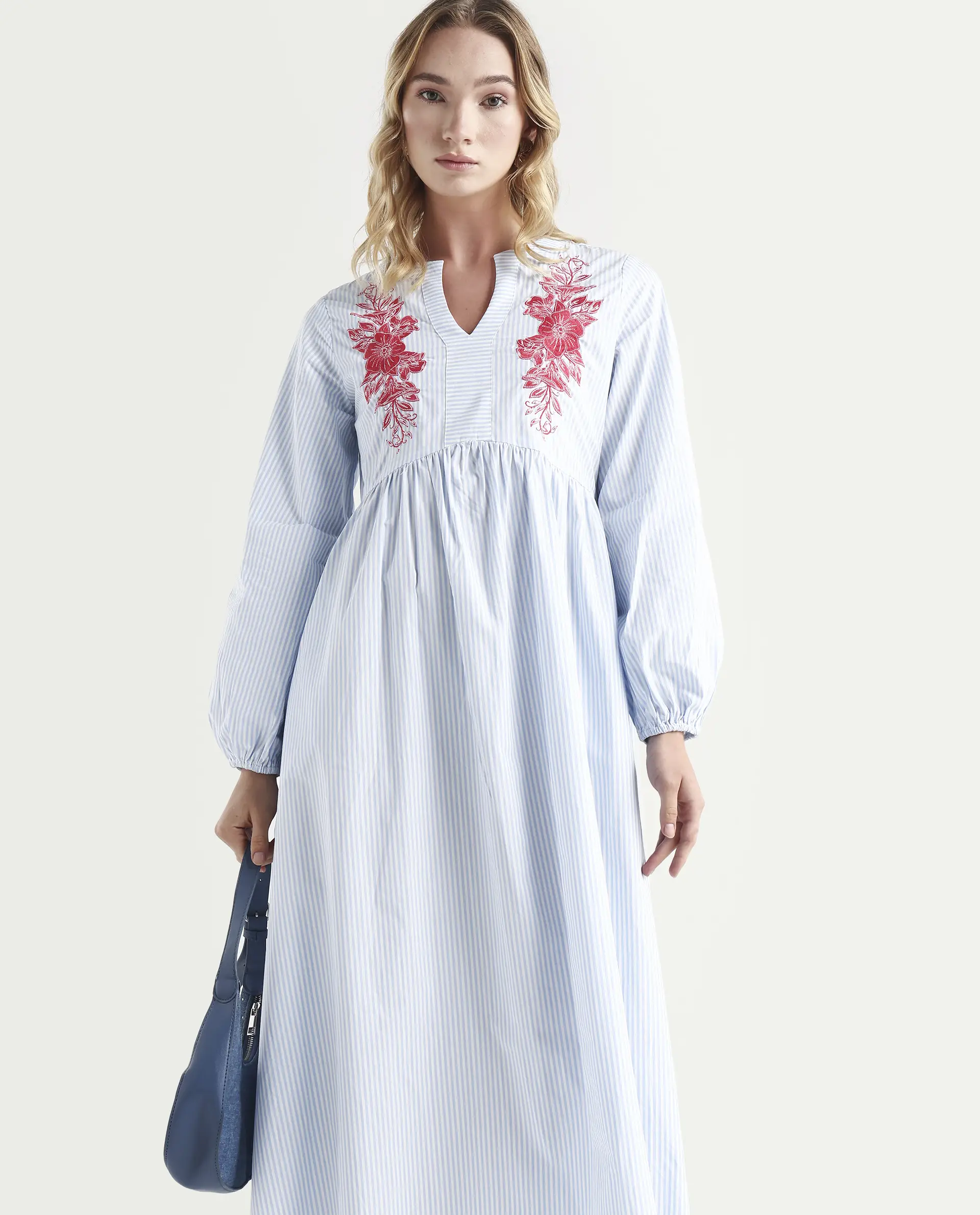 Rareism Women's Calia Blue Cotton Collarless Striped Bishop Sleeve Midi A-Line Dress - Image 3