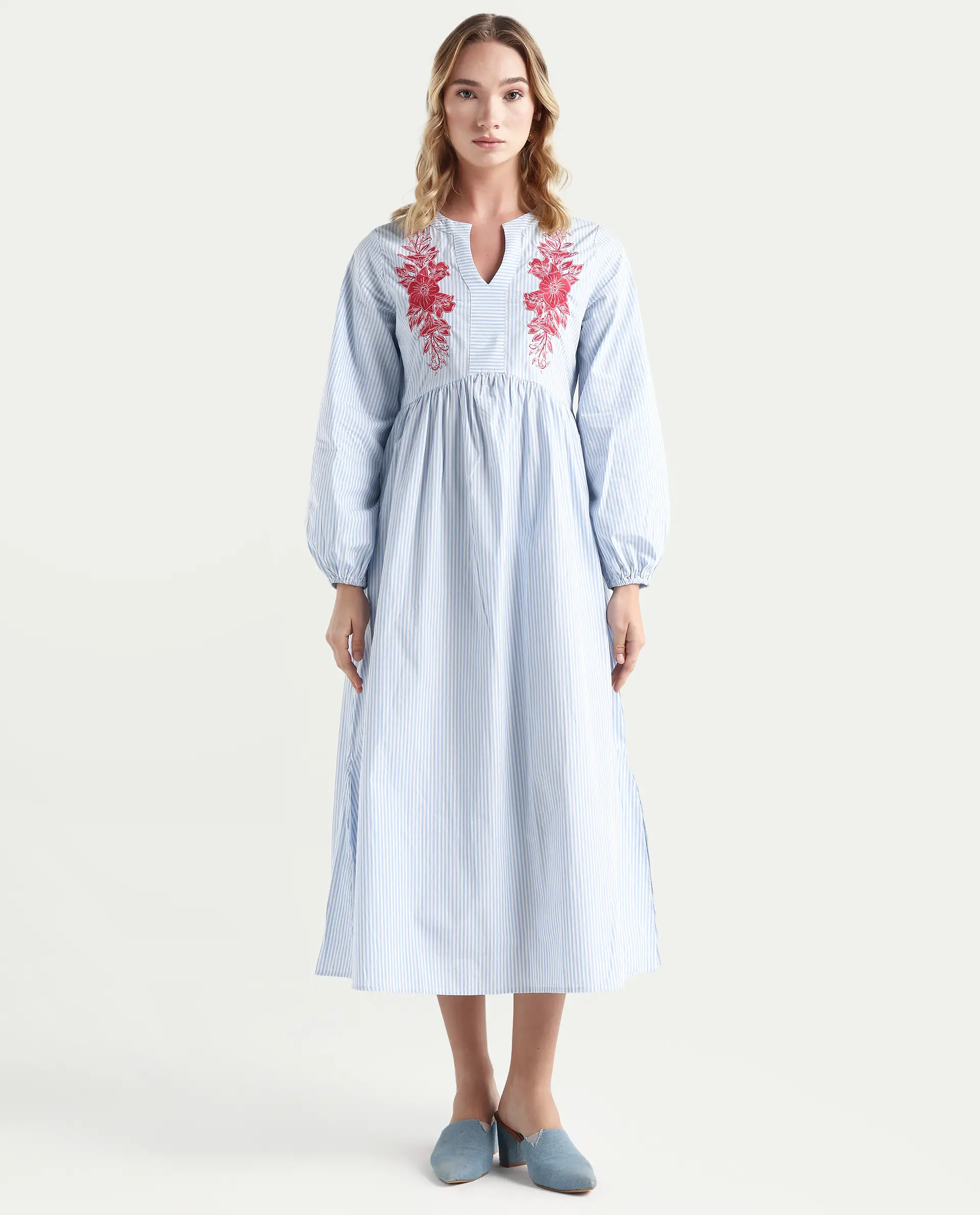 Rareism Women's Calia Blue Cotton Collarless Striped Bishop Sleeve Midi A-Line Dress - Image 4