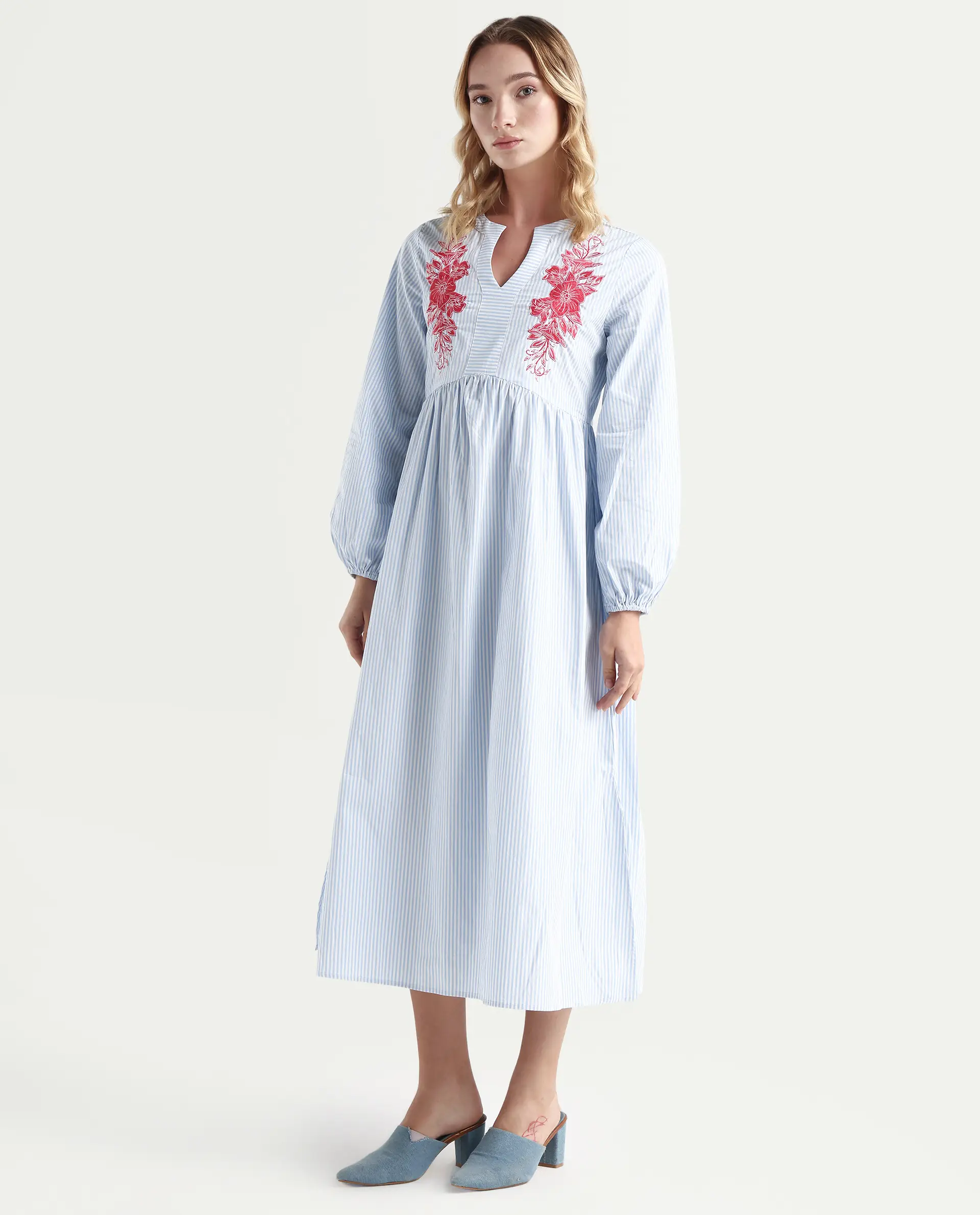 Rareism Women's Calia Blue Cotton Collarless Striped Bishop Sleeve Midi A-Line Dress - Image 5