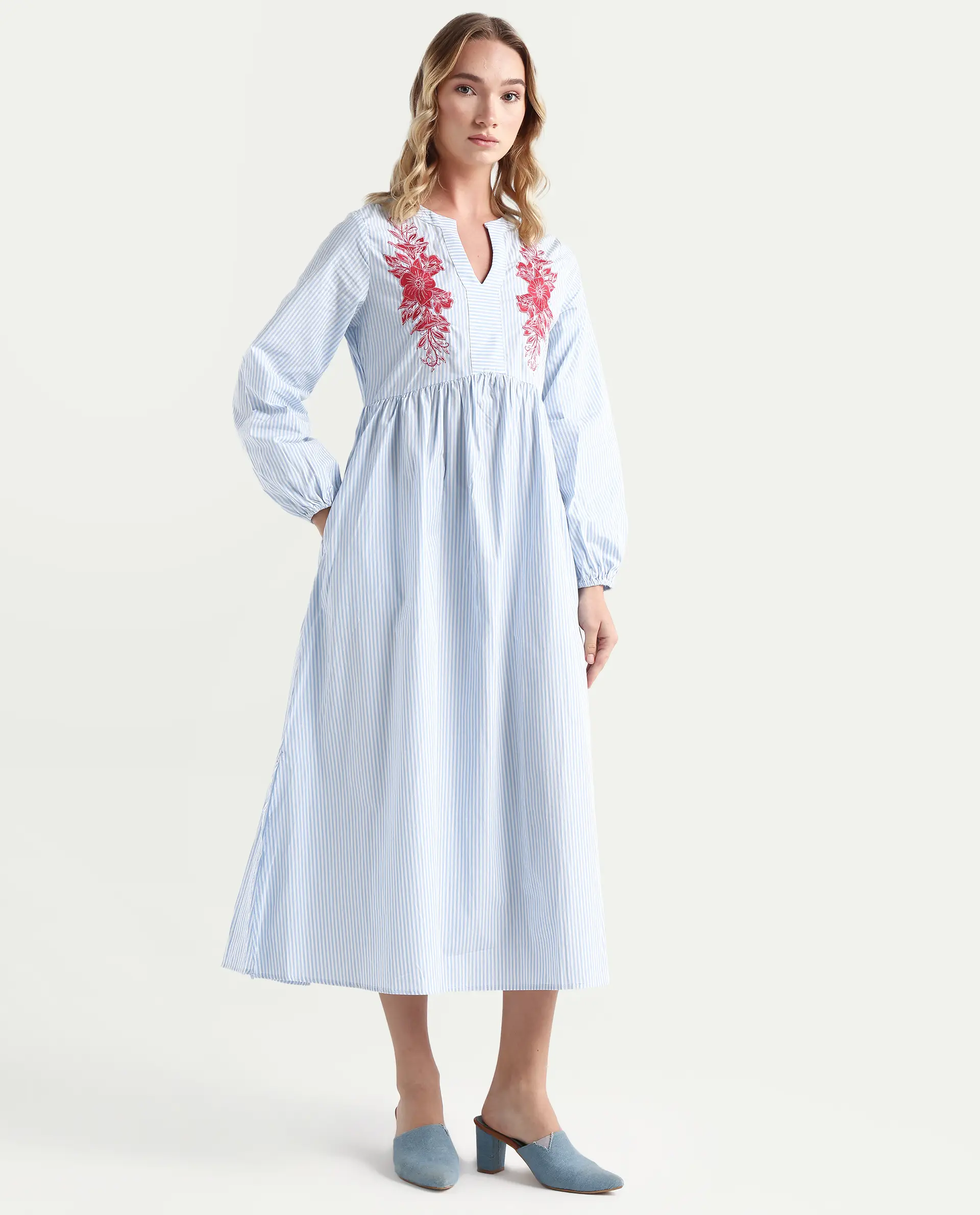 Rareism Women's Calia Blue Cotton Collarless Striped Bishop Sleeve Midi A-Line Dress - Image 6