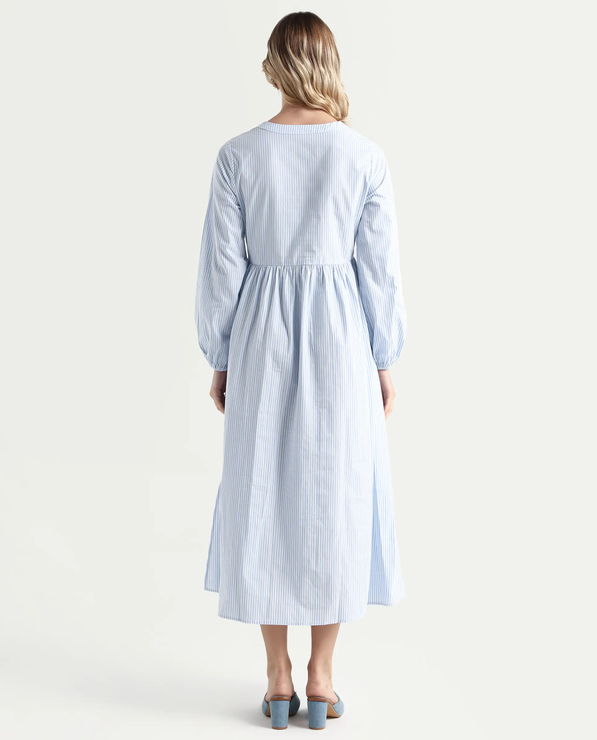 Rareism Women's Calia Blue Cotton Collarless Striped Bishop Sleeve Midi A-Line Dress - Image 7