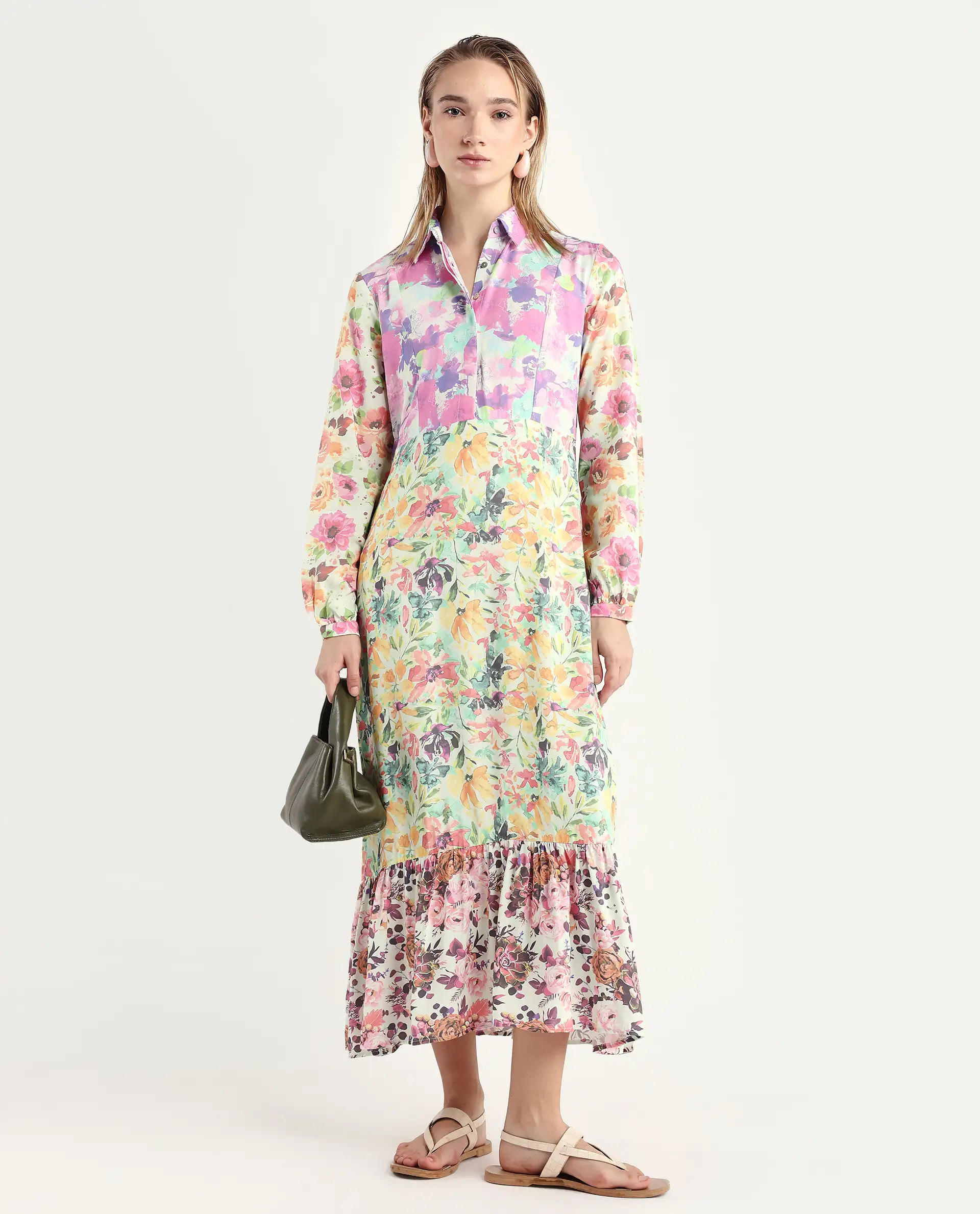 Rareism Women's Caliista Multi Viscose Spread Collar Floral Print Maxi Regular Fit Dress