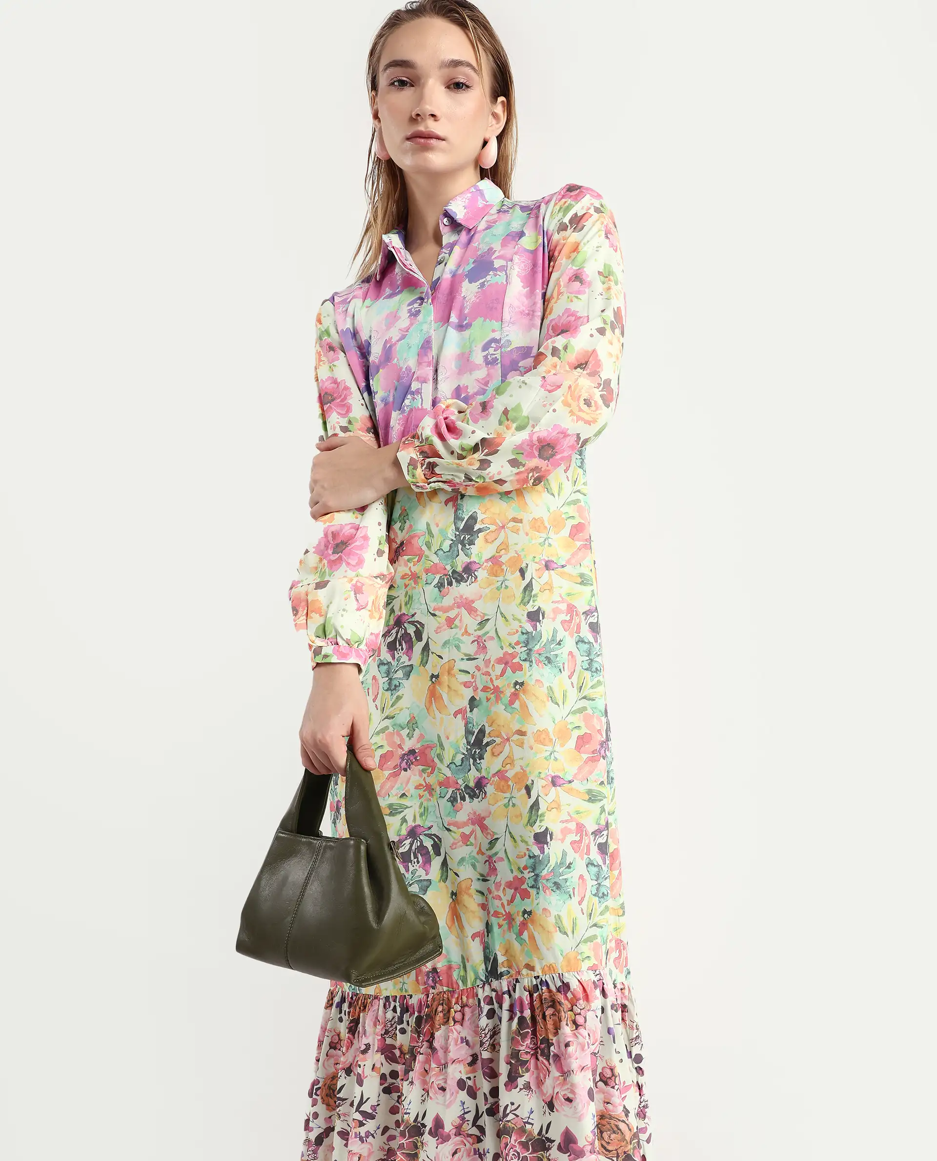 Rareism Women's Caliista Multi Viscose Spread Collar Floral Print Maxi Regular Fit Dress - Image 2