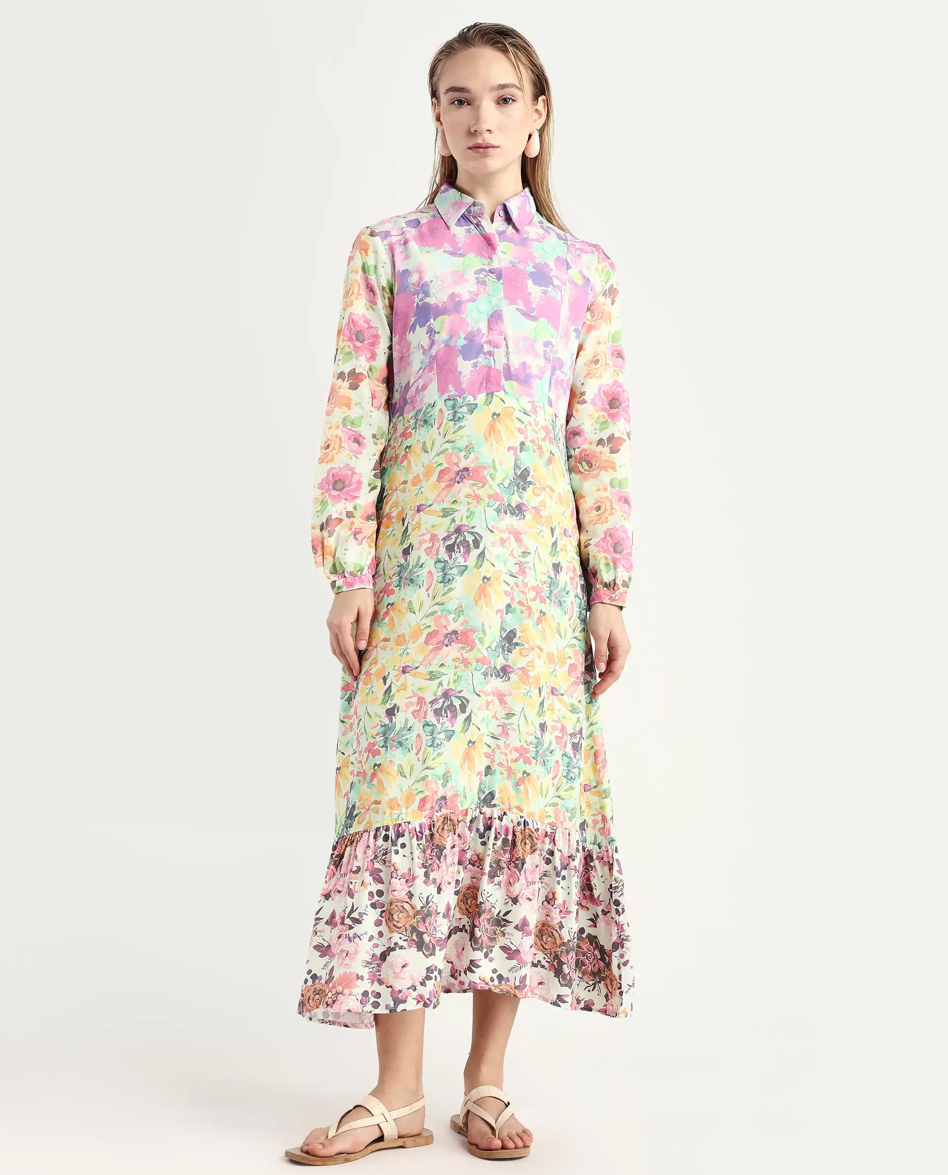Rareism Women's Caliista Multi Viscose Spread Collar Floral Print Maxi Regular Fit Dress - Image 4
